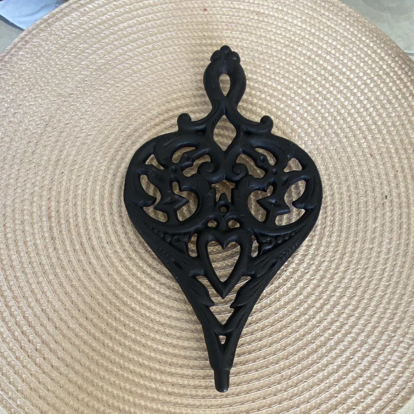 Vintage Cast Iron Heart Trivet, Matte Black Finish, Hearts Pattern, 