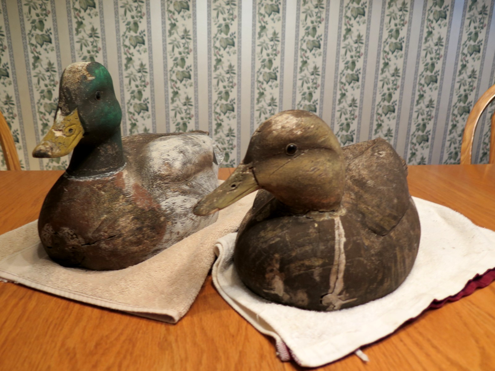 Vtg. Hollow Carved Wooden Mallard Duck Decoy Drake Hen Glass Eyes Folk Art VIDEO