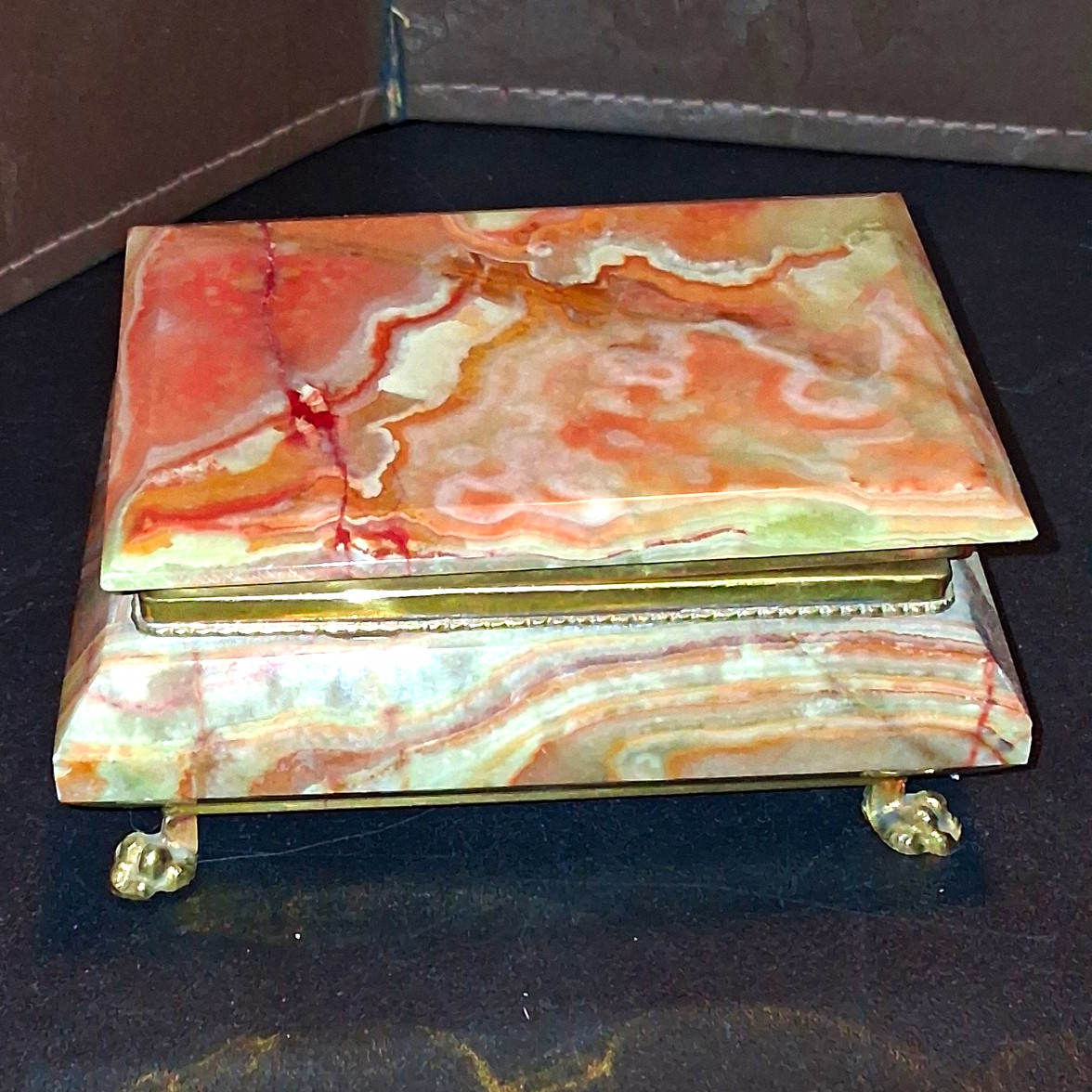 VTG ONYX ORANGE,GREN,BROWN MARBLE HINGED TRINKET BOX 4.75 VTG ONYX ORANGE,GREN,BROWN MARBLE HINGED TRINKET BOX 4.75