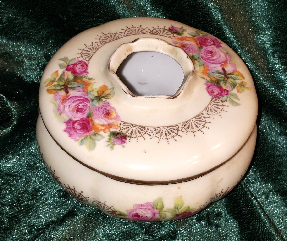 Eagle China Austria Floral & Gold Porcelain Hair Receiver FLAW
