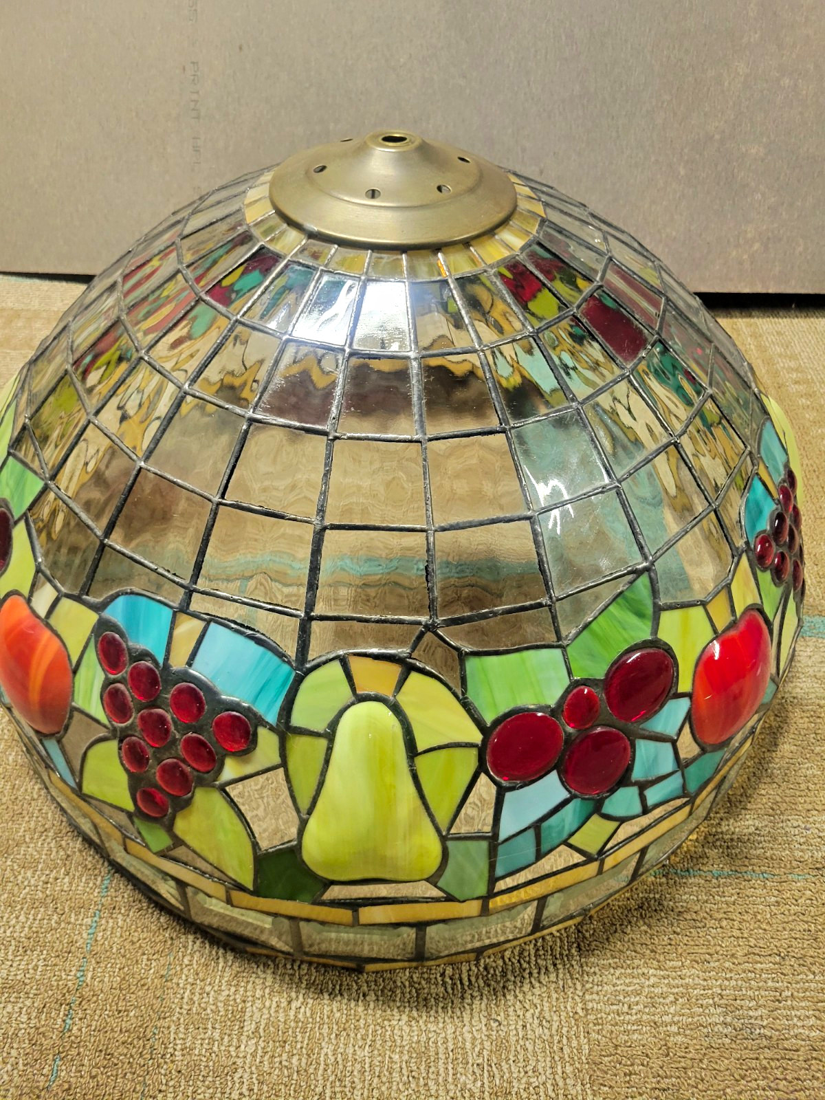 Rare Vintage Stained Glass Shade. 20 Inch Tiffany Style. Clear Glass On Top