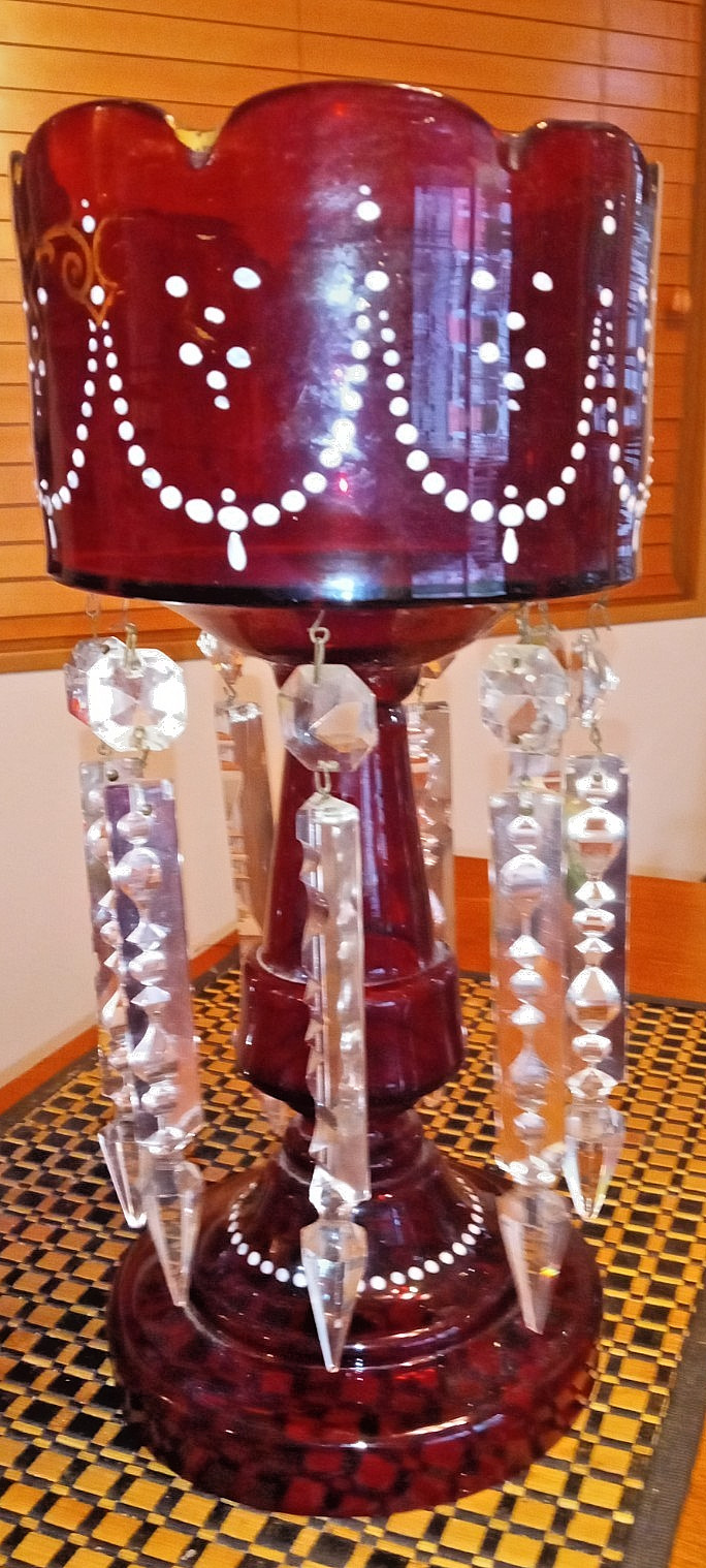 ANTIQUE VICTORIAN BOHEMIAN RUBY /CRANBERRY GLASS MANTLE LUSTRES W/PRISMS