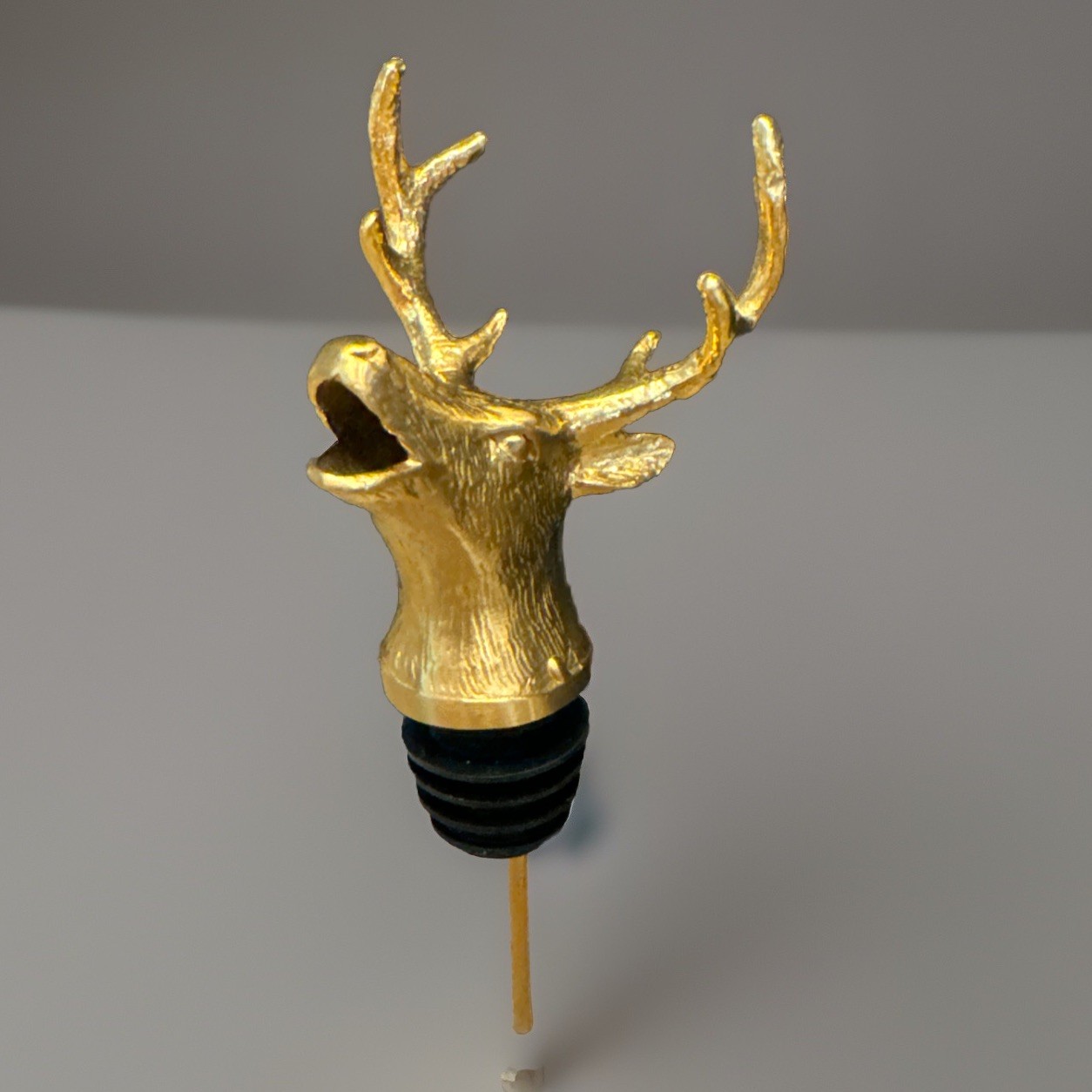 Old Elk Head Gold Metal Bottle Pourer Deer Antlers Barware Open Mouth 6”