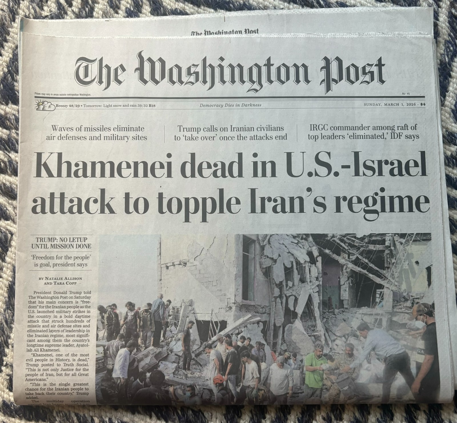 Washington Post 3/1/2026 Khamenei Dead in U.S.–Israel Attack Iran Conflict Issue