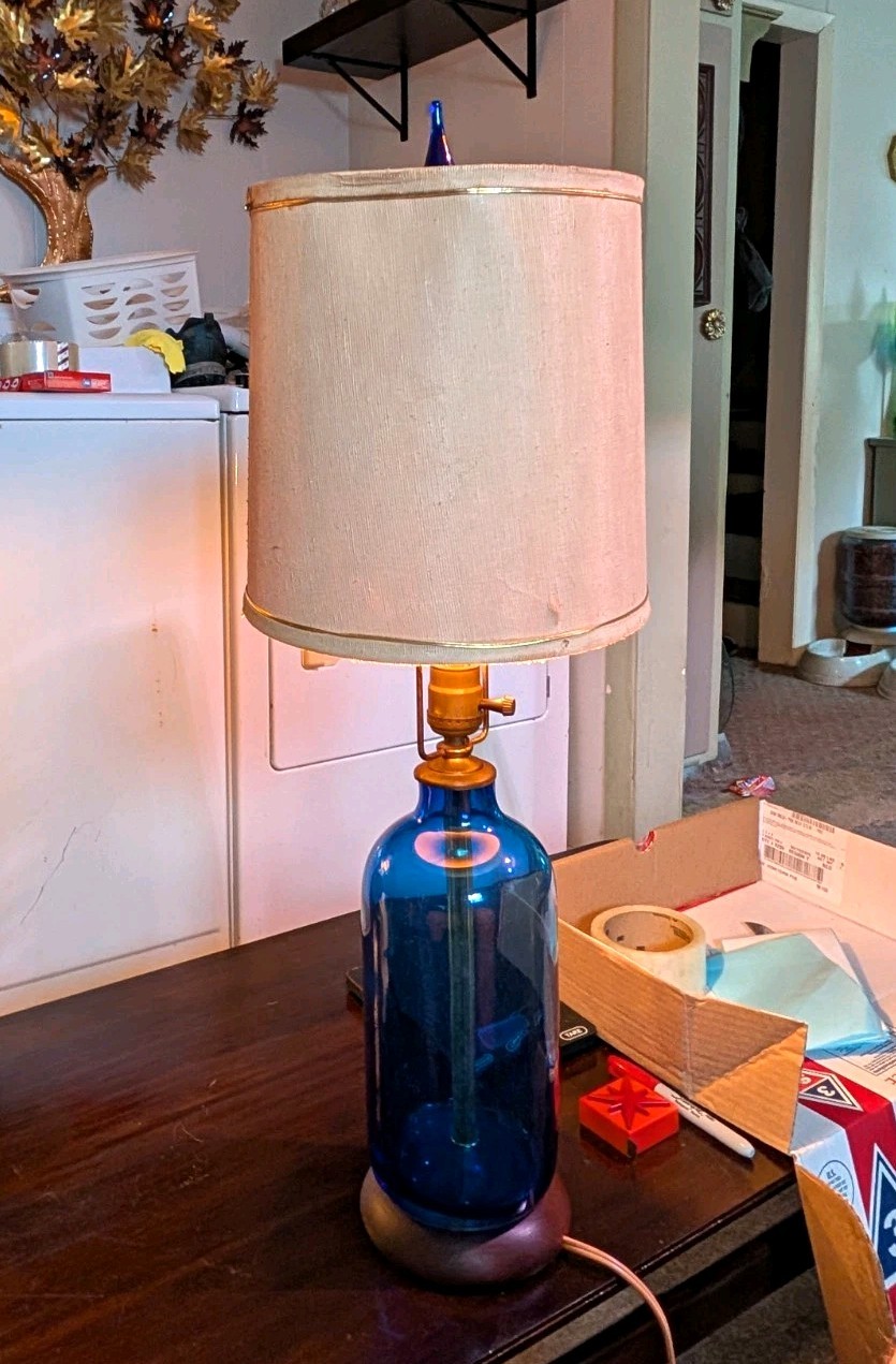 Authentic Mid-Century Blenko Cobalt Decanter Lamp w Org Glass Flame Finial RARE
