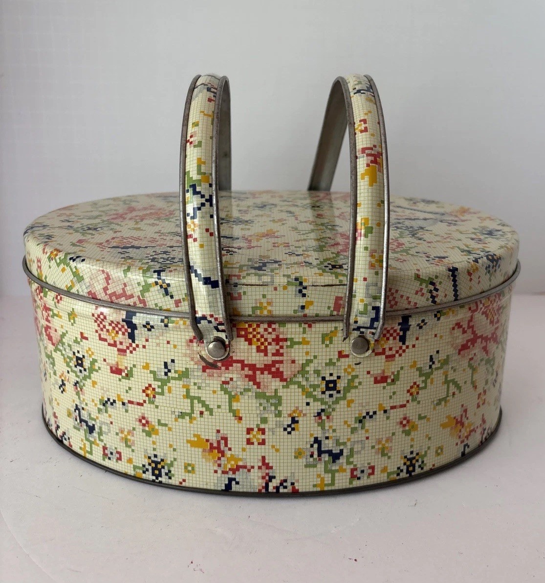 Antique Dutch Maid English Style Biscuits Tin Cross Stitch Vintage Collectible