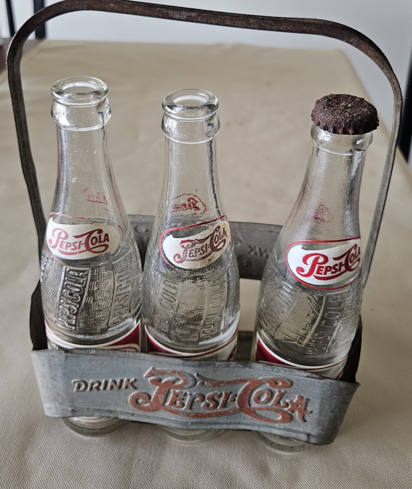 Vintage Pepsi Cola Metal Soda Bottle Carrier Holder With 3 Glass Bottles 40's