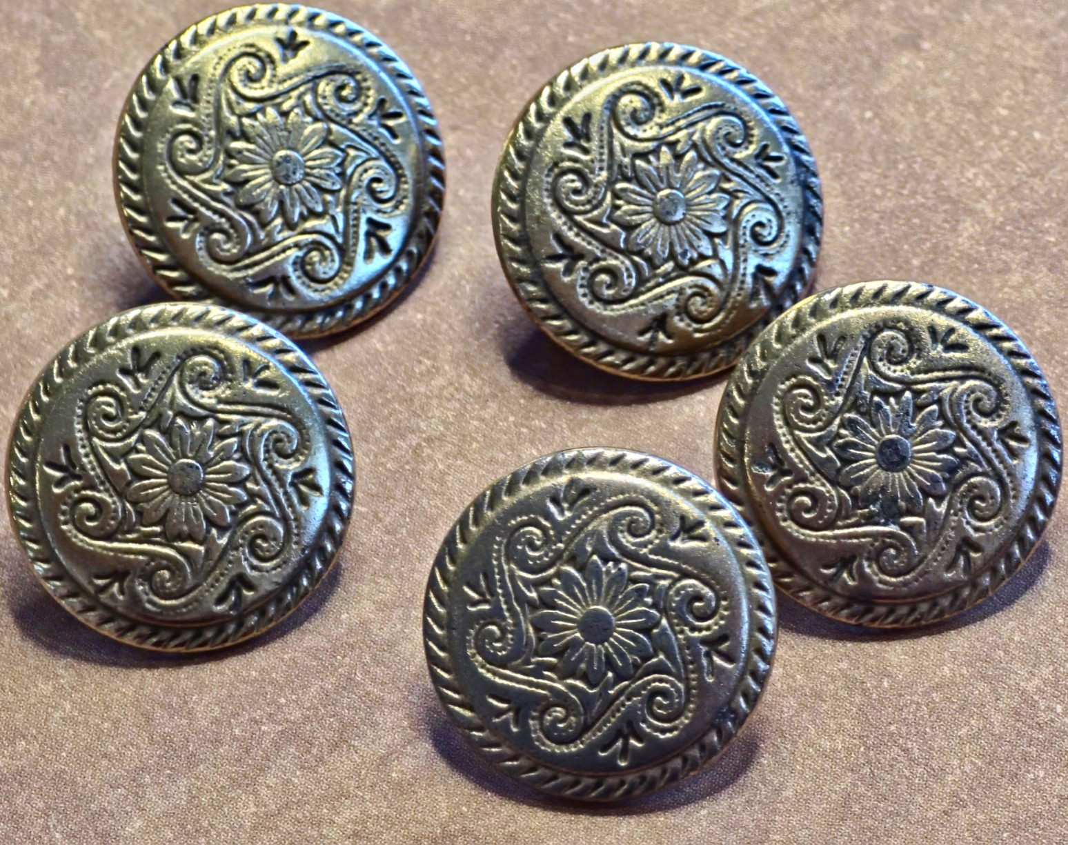 Vintage Antiqued Brass Western Floral Rope-Edge Shank Buttons Lot of 5