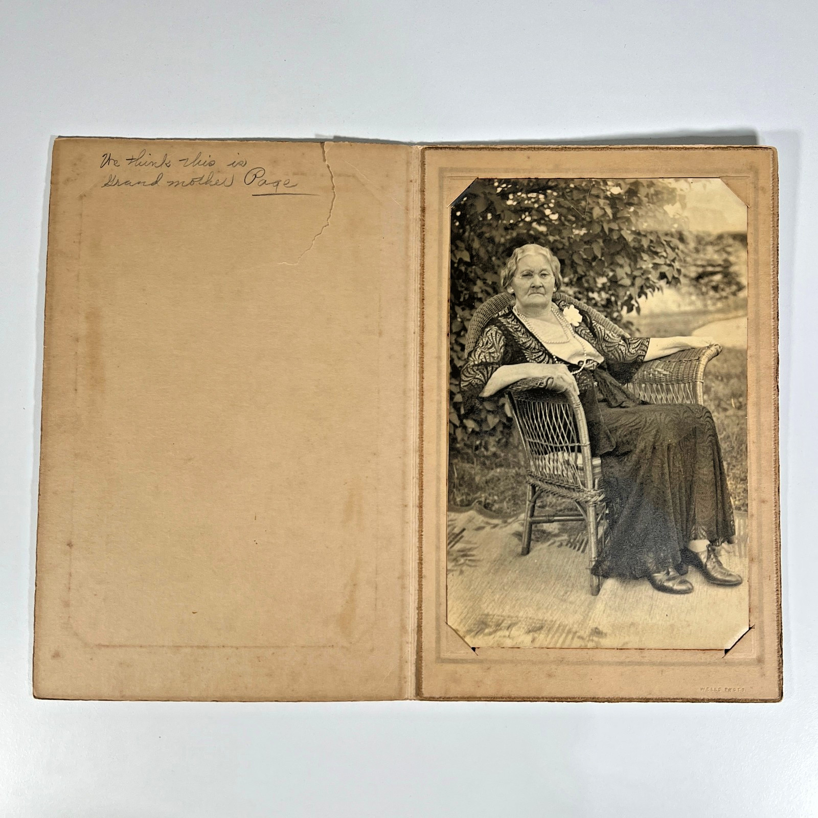 Larger Antique 1930s Cabinet Card Grandmother Page Named Outdoor Portrait Wells