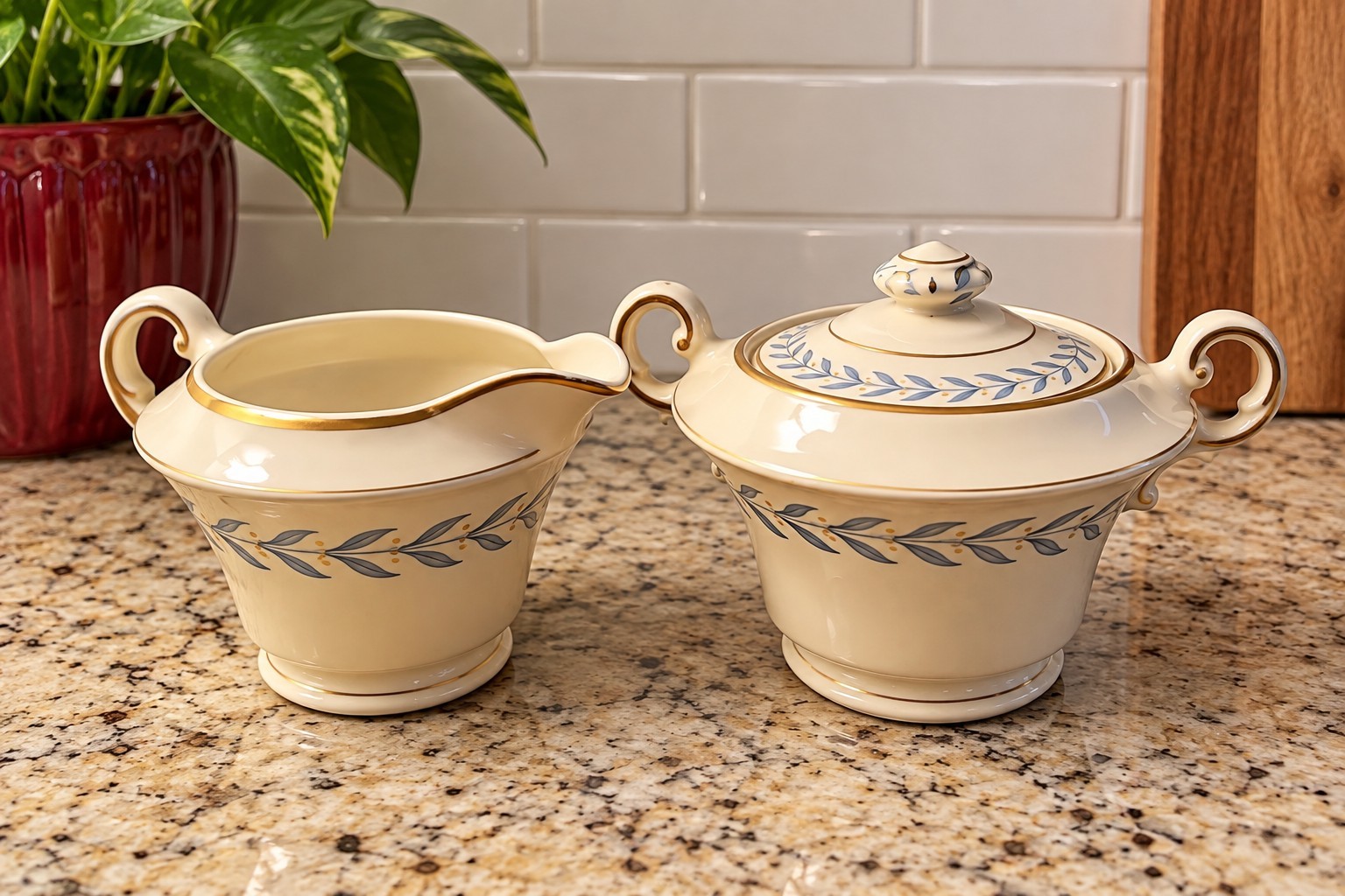 Vintage Syracuse China Blue Laurel Sherwood Old Ivory Creamer & Sugar Bowl w/Lid