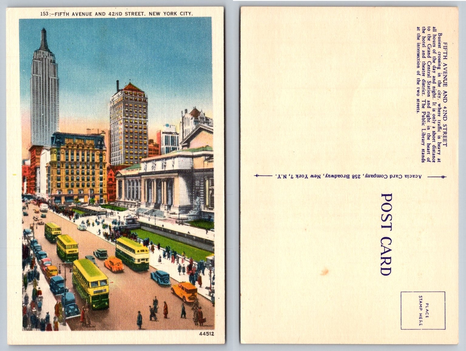 Vintage Fifth Ave & 42nd St NYC Postcard - Empire State Bldg, Public Library Vintage Fifth Ave & 42nd St NYC Postcard - Empire State Bldg, Public Library