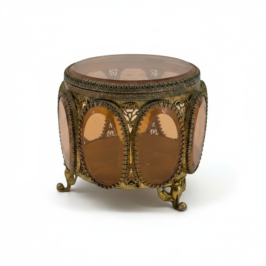 Vintage Pink Glass Ormolu Filigree Jewelry Casket Box Footed Vanity Trinket Box