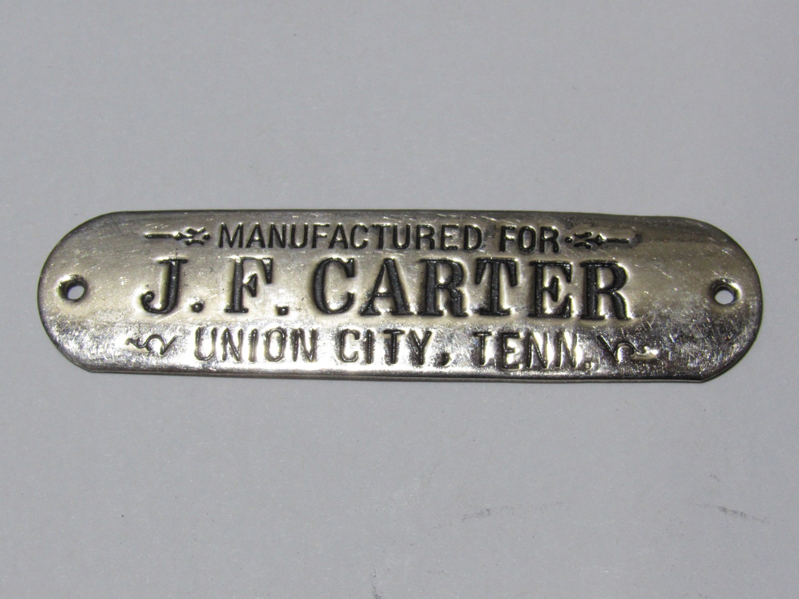 VTG J.F. Carter Union City Tennessee Buggy Emblem Tag Plaque Carriage TN Gas Oil