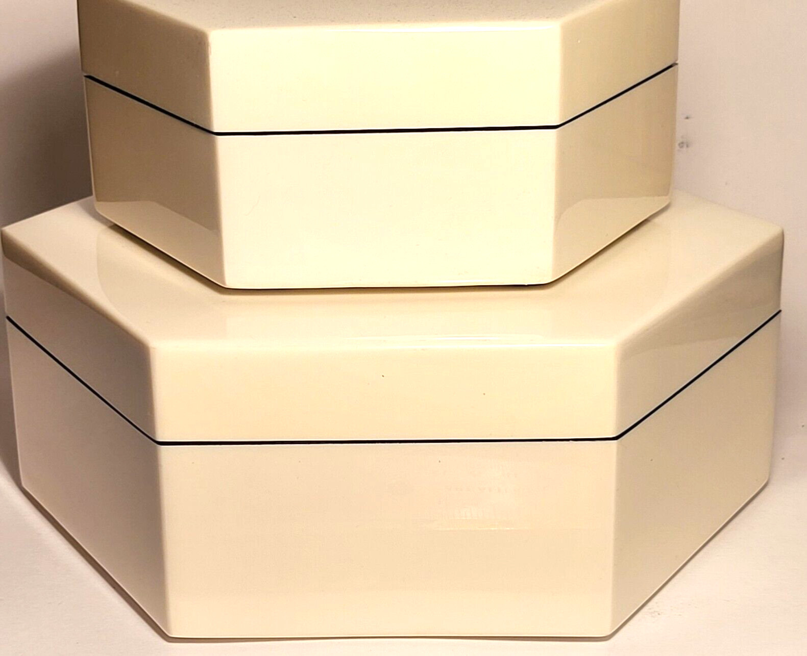 Pacific Connections SF Ca White Lacquered Wood Hexagon Box Black Velvet Interior
