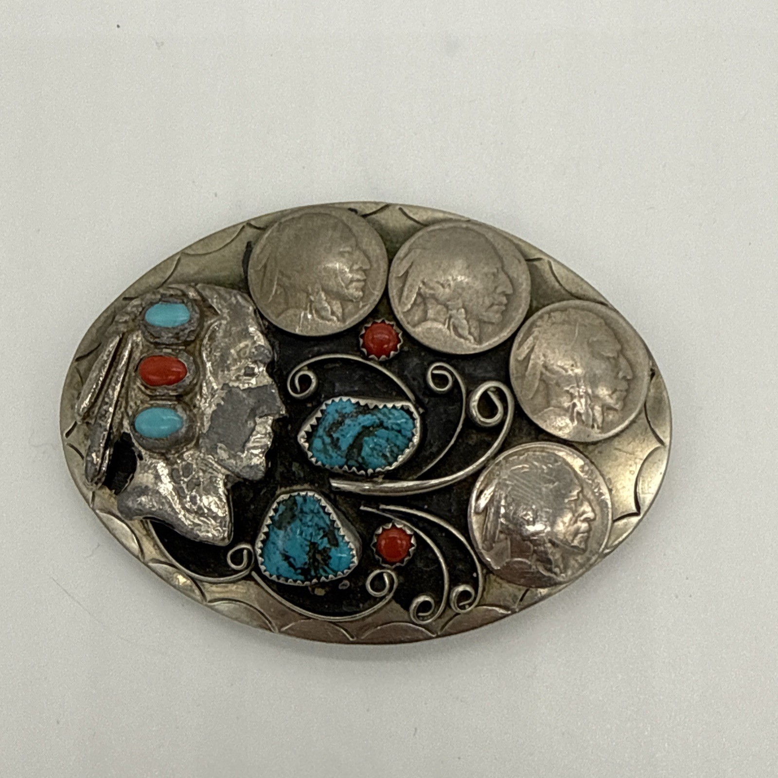 Vintage Turquoise Buffalo Nickels Native American Chief  Buckle