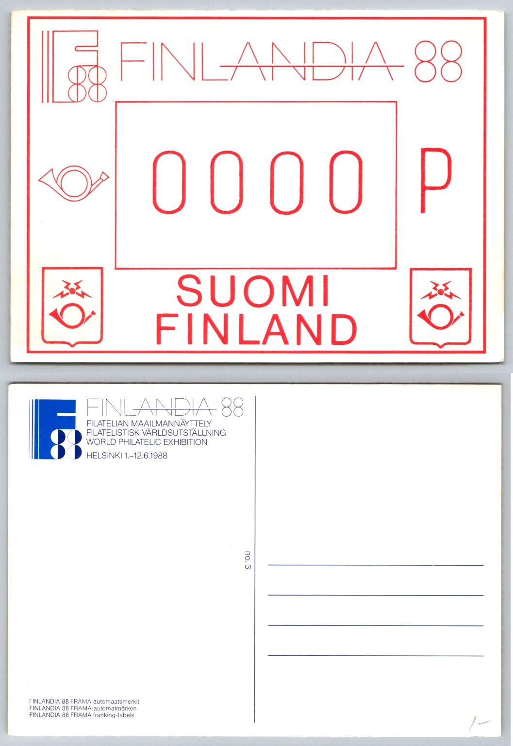Finlandia 88 World Philatelic Exhibition Helsinki 1988 Postcard Frama Label