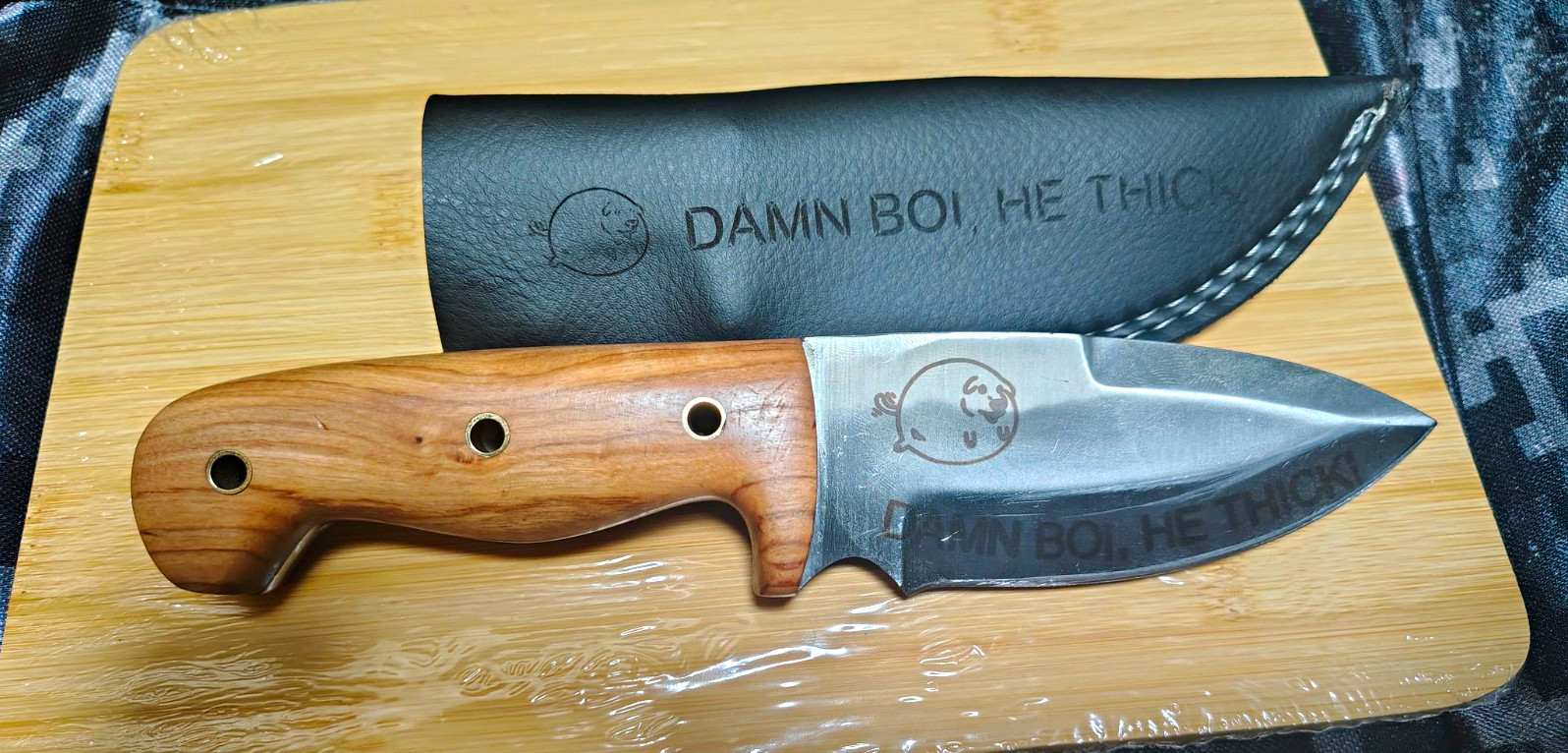 Fixed Blade Knife “DAMN BOI, HE THICK” Meme Engraved With Sheath Full Tang