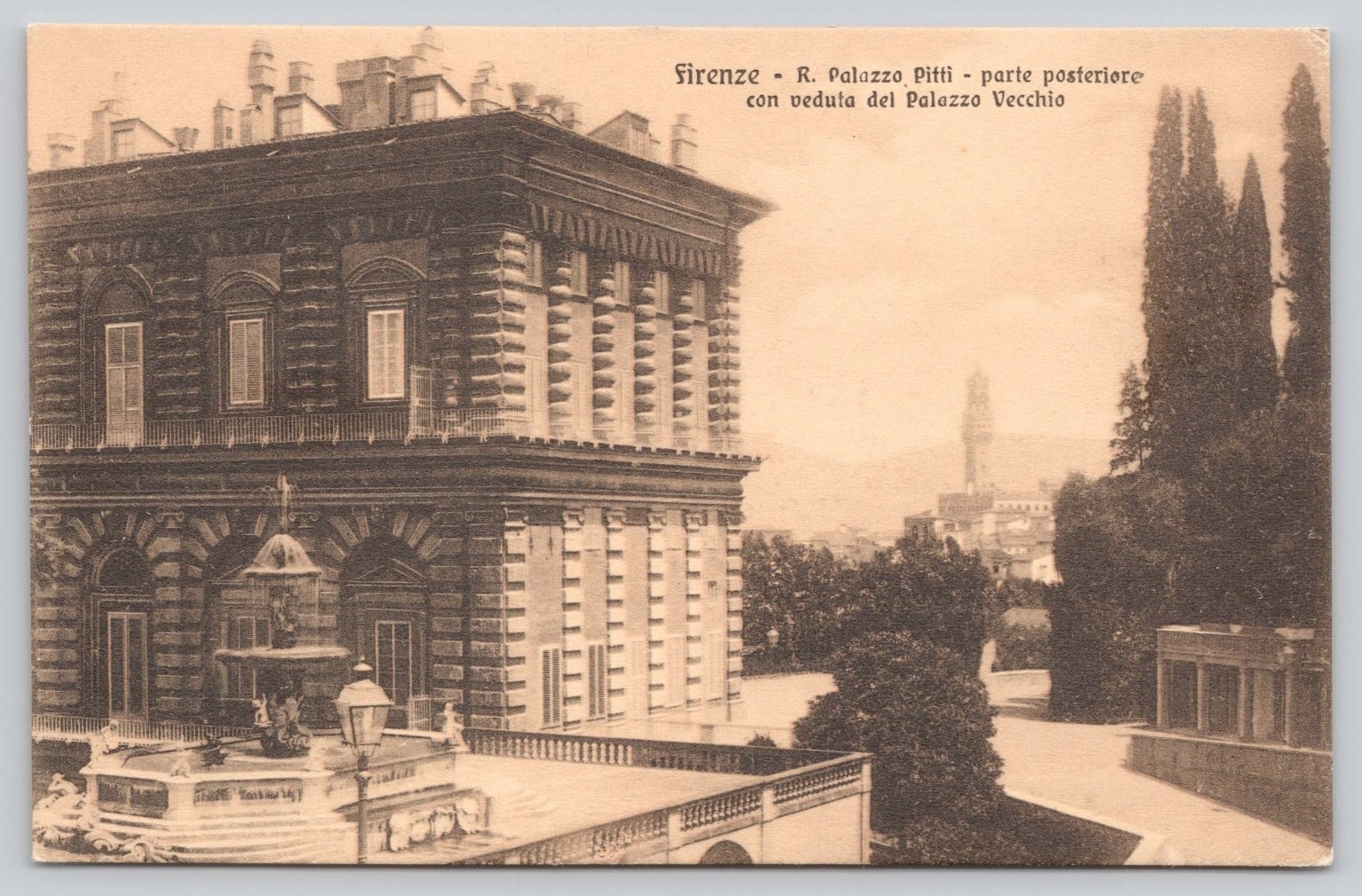 Florence Italy Pitti Palace Rear View Palazzo Vecchio Tower Sepia Postcard