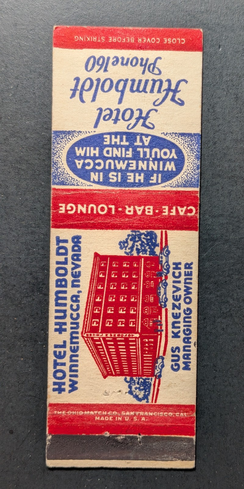 Vintage Hotel Humboldt Winnemucca Nevada Matchbook Cover