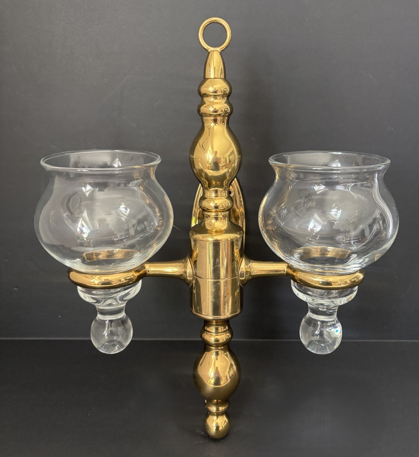 Vintage Polished Brass Double Arm Wall Sconce Candle Holder Glass 14\