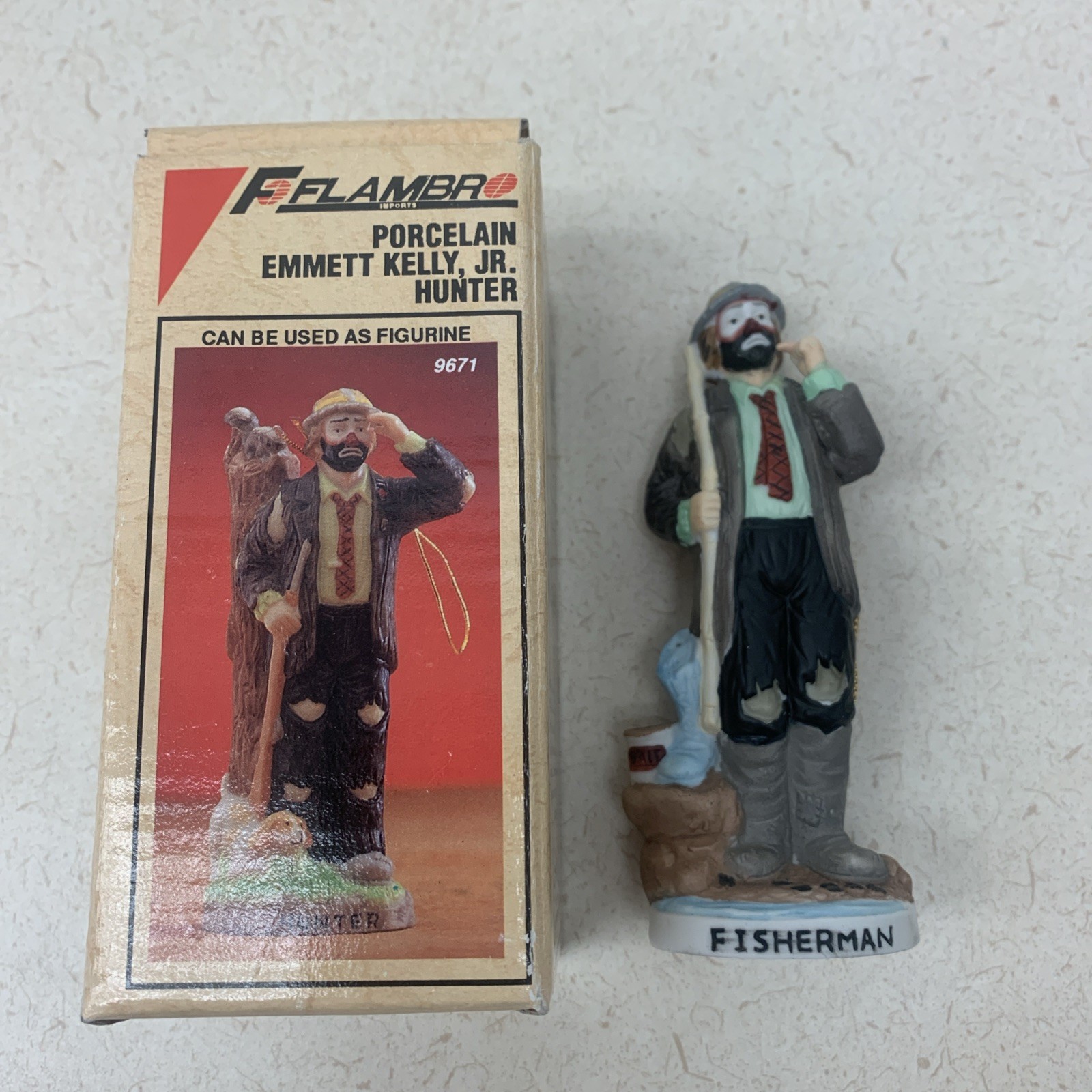 Vintage Flambro Emmett Kelly Jr Sad Hobo Clown The Fisherman Box 9671 Christmas