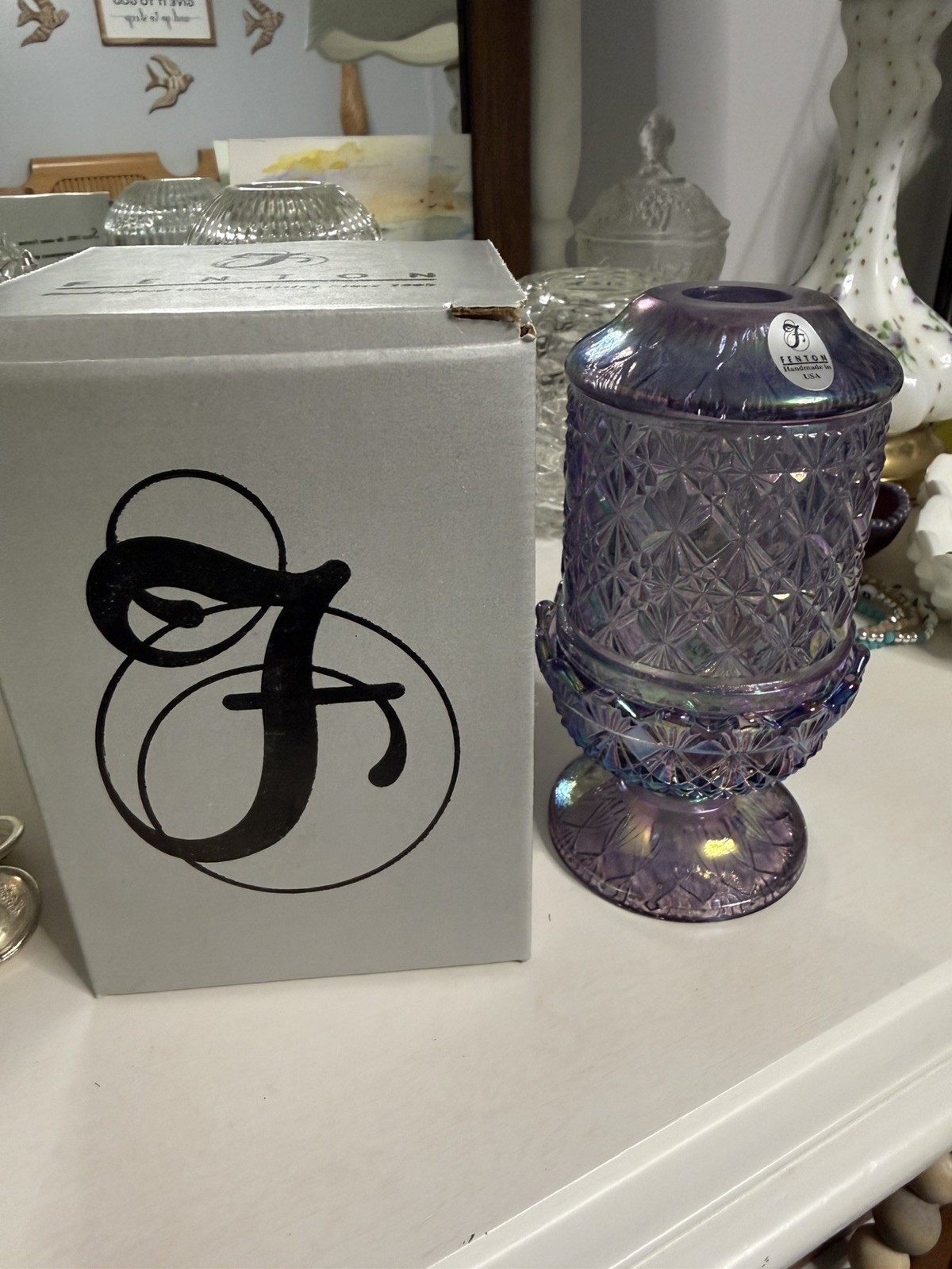 Vtg HTF Fenton violet iridized Fine Cut & Block Fairy Lamp #9102 6”H - QVC