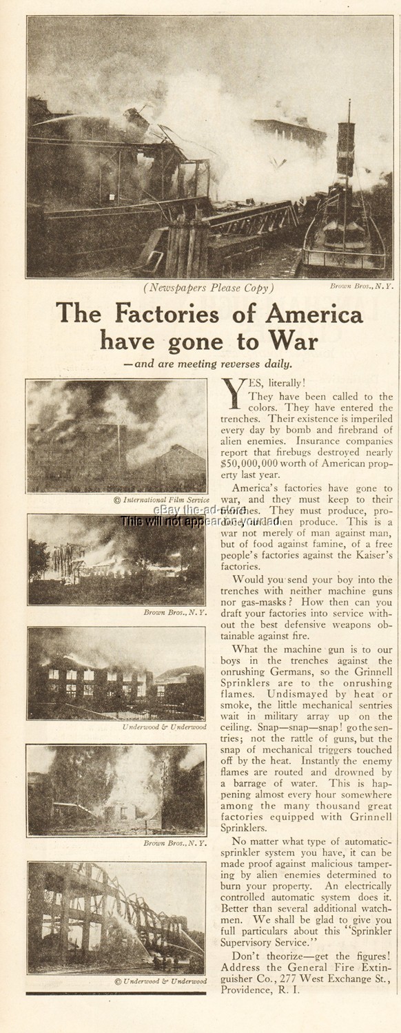 1918 General Fire Extinguisher Ad Grinnell Sprinkler WWI American Factories War