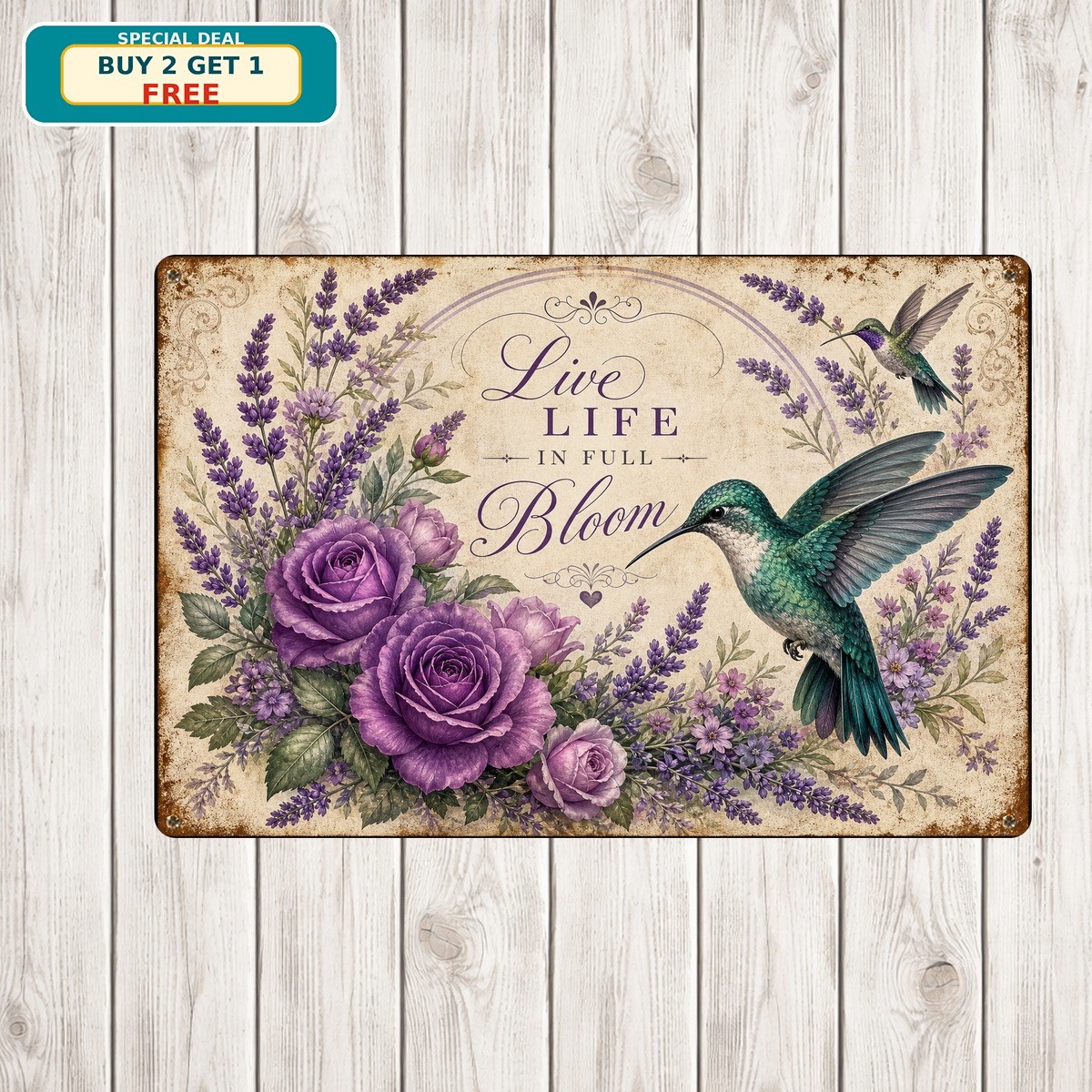 Hummingbird Floral Purple Roses Metal Sign Vintage Garden Art Room Wall Plaque