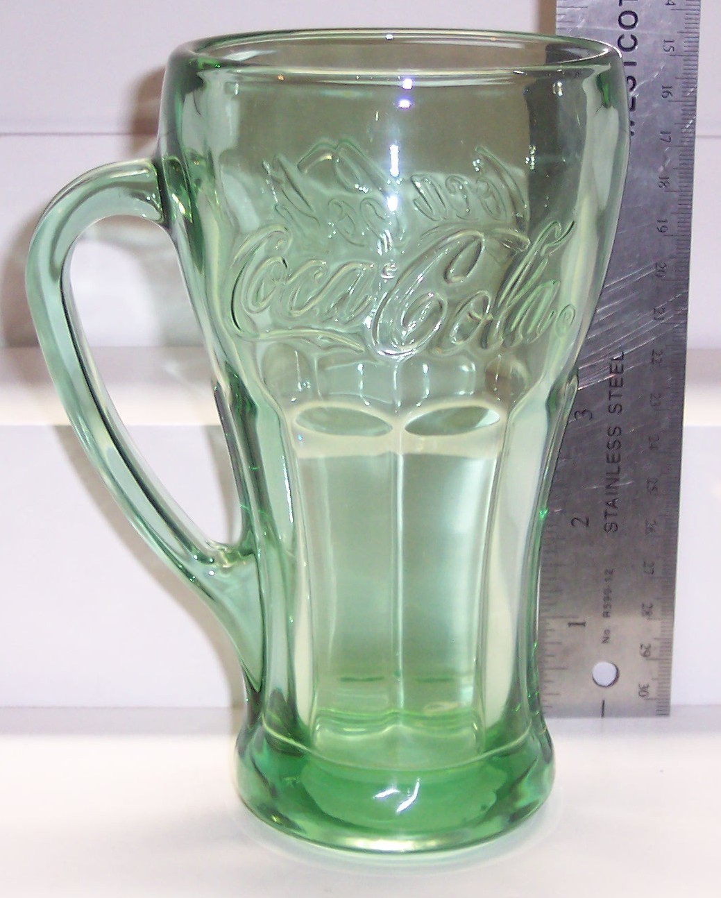 One (1) Coca-Cola 14 OZ Heavy Coke Brand Glass with Handle Embossed Libbey One (1) Coca-Cola 14 OZ Heavy Coke Brand Glass with Handle Embossed Libbey