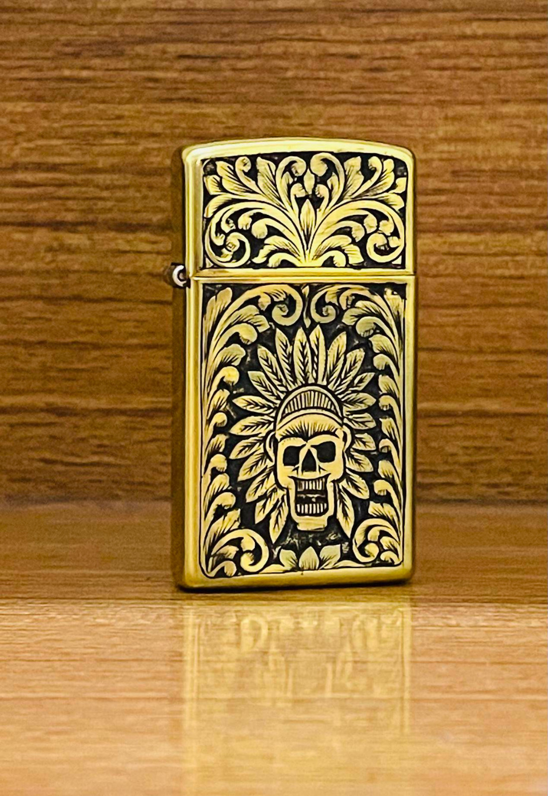New Custom Hand Engraved Gothic Native American Skull Zippo Slim Lighter