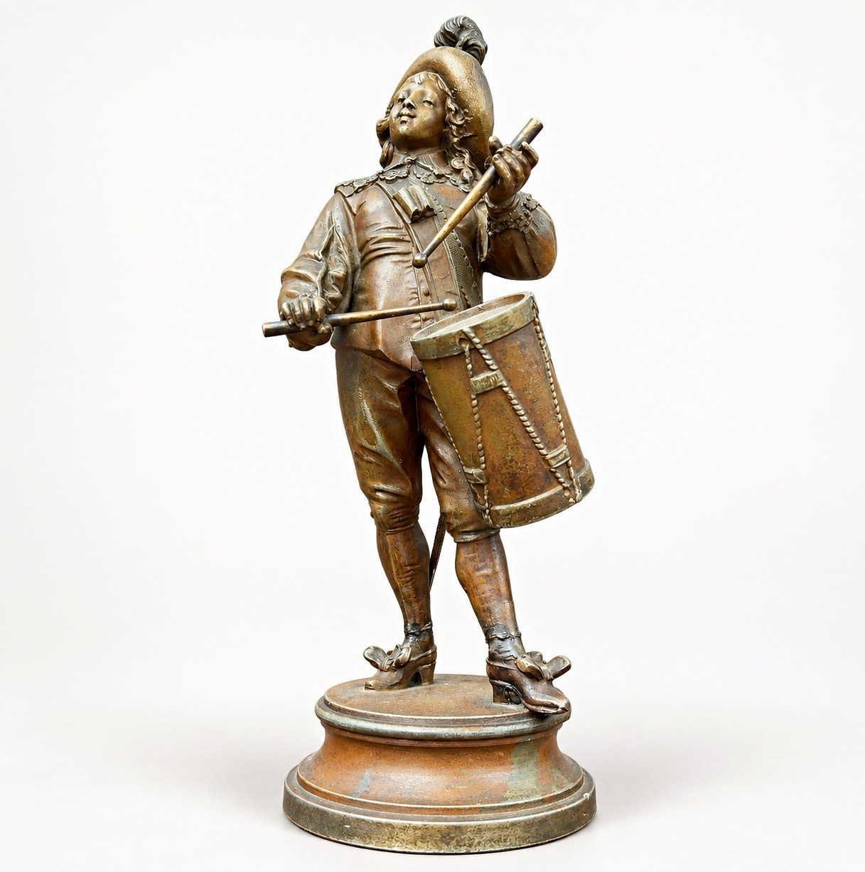 Vintage European Cavalier Military Drummer Metal Figurine Statue Bronze Tone