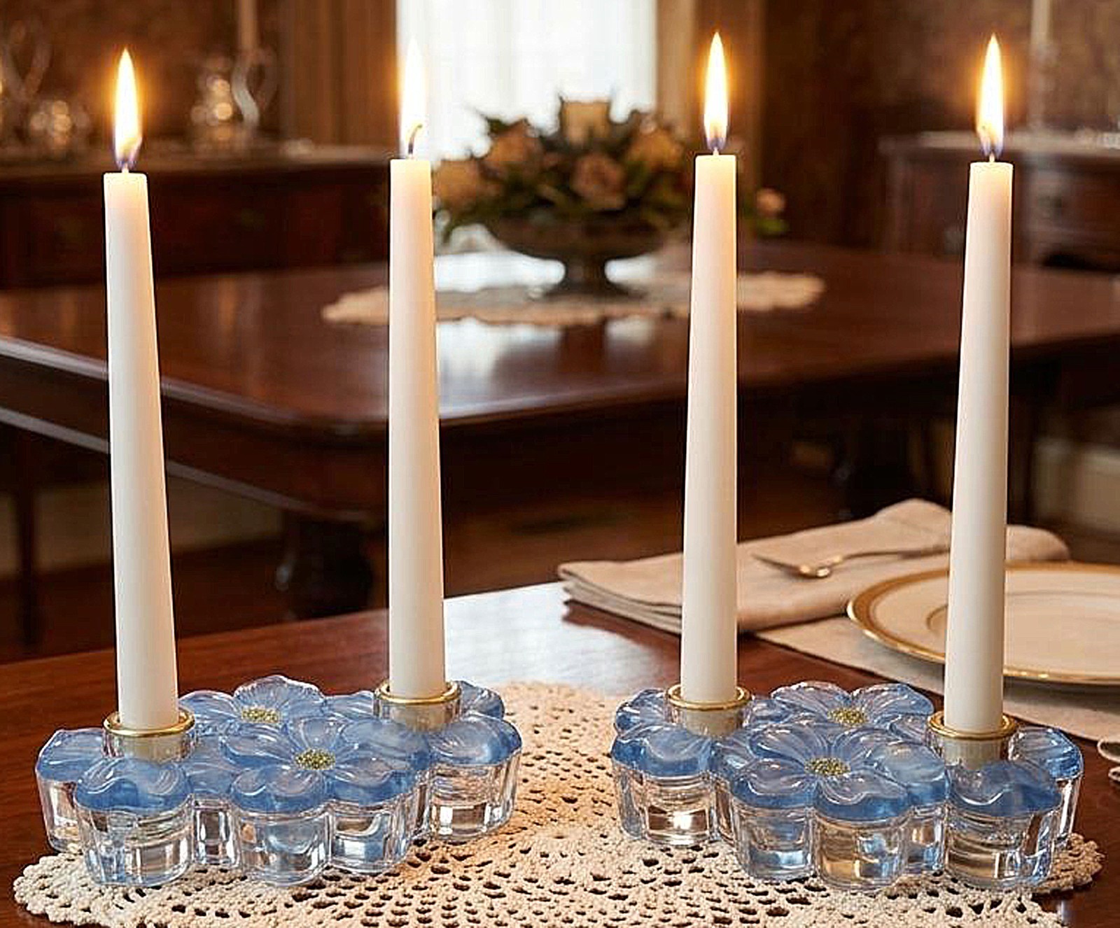 Vtg Pair Colony Glass Candleholders Blue Dogwood Flower Double Taper 7.25\