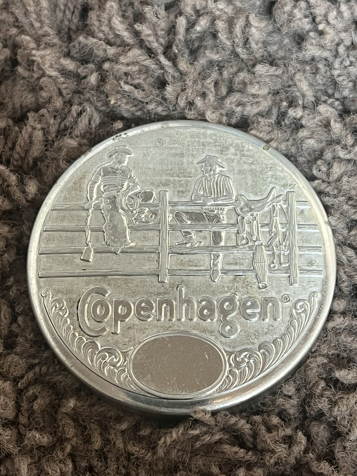 Copenhagen 2-Cowboys On Fence Snuff Can Lid Thck Metal Tin Vintage Collectible