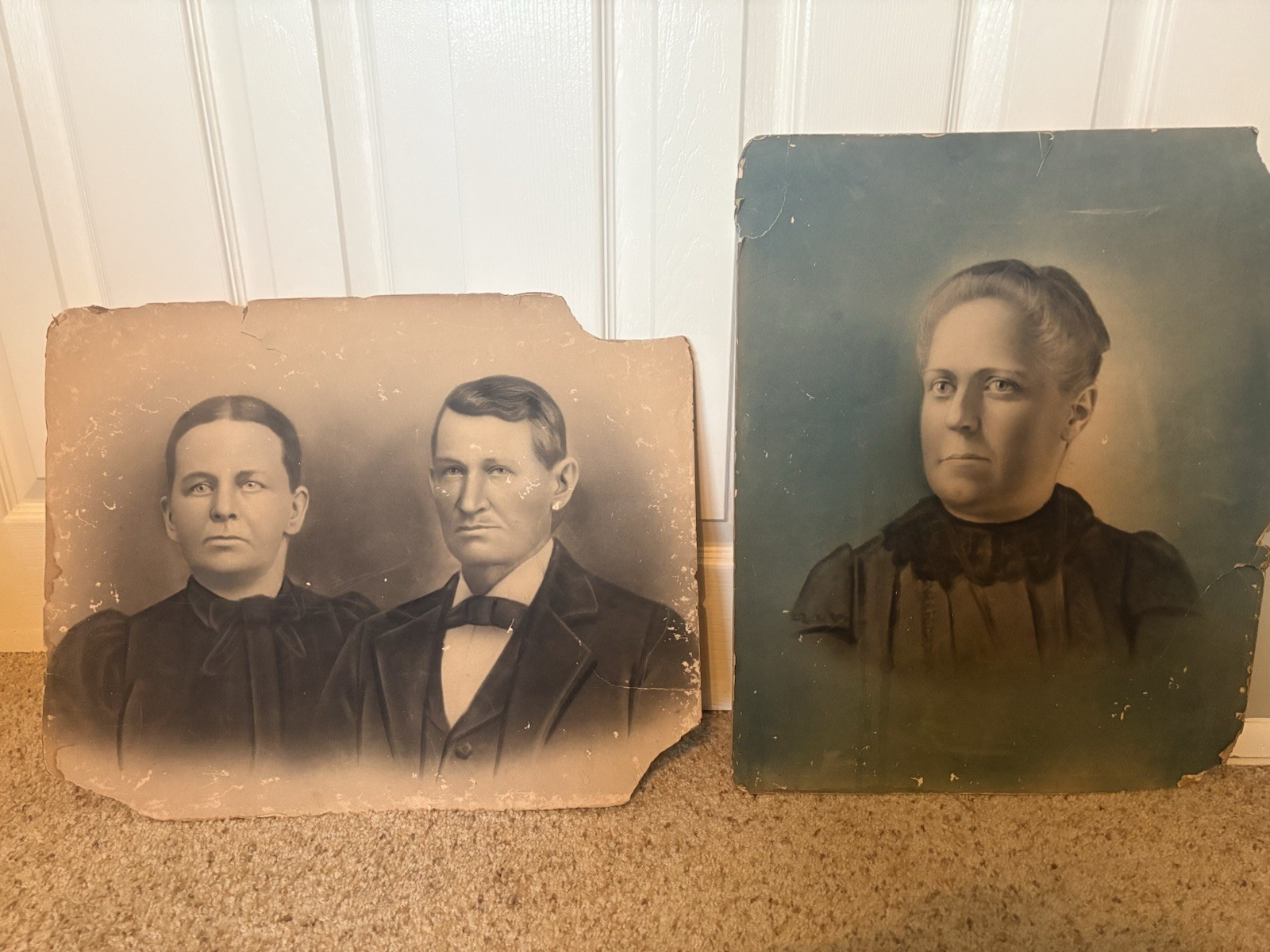 2 Victorian Large Antique Portraits Haunted House Halloween Late 1800s Damaged
