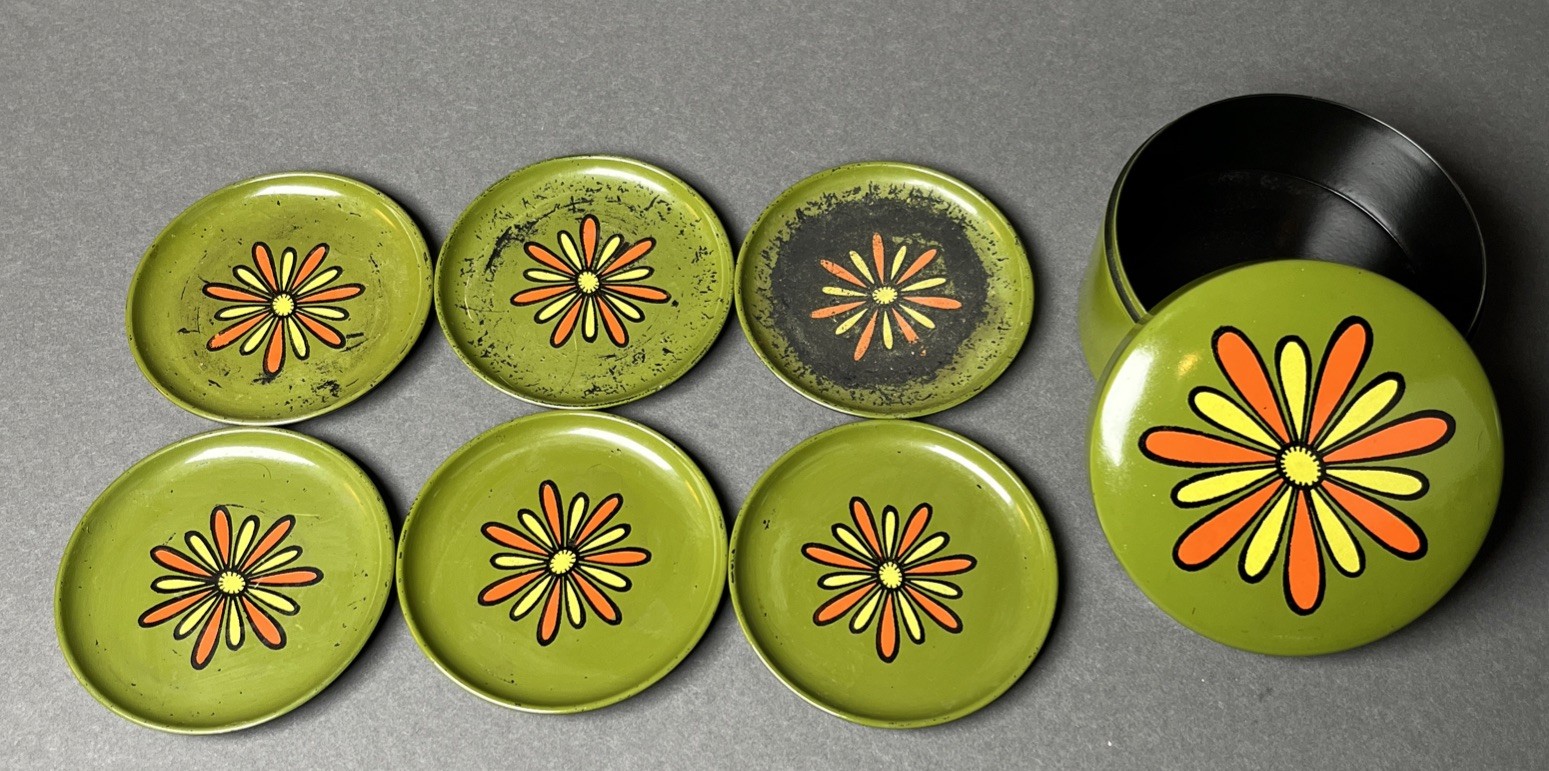 VTG BroadMoor Japan MCM Flower Power Coaster Set Green w Orange&Yellow pedals 3” VTG BroadMoor Japan MCM Flower Power Coaster Set Green w Orange&Yellow pedals 3”