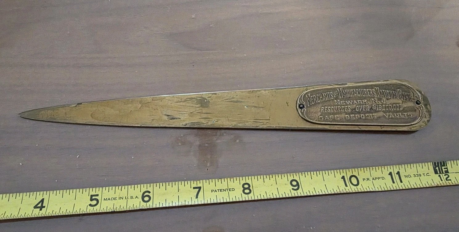 Vtg Merchants and Manufacturers National Bank Newark Advertising Letter Opener