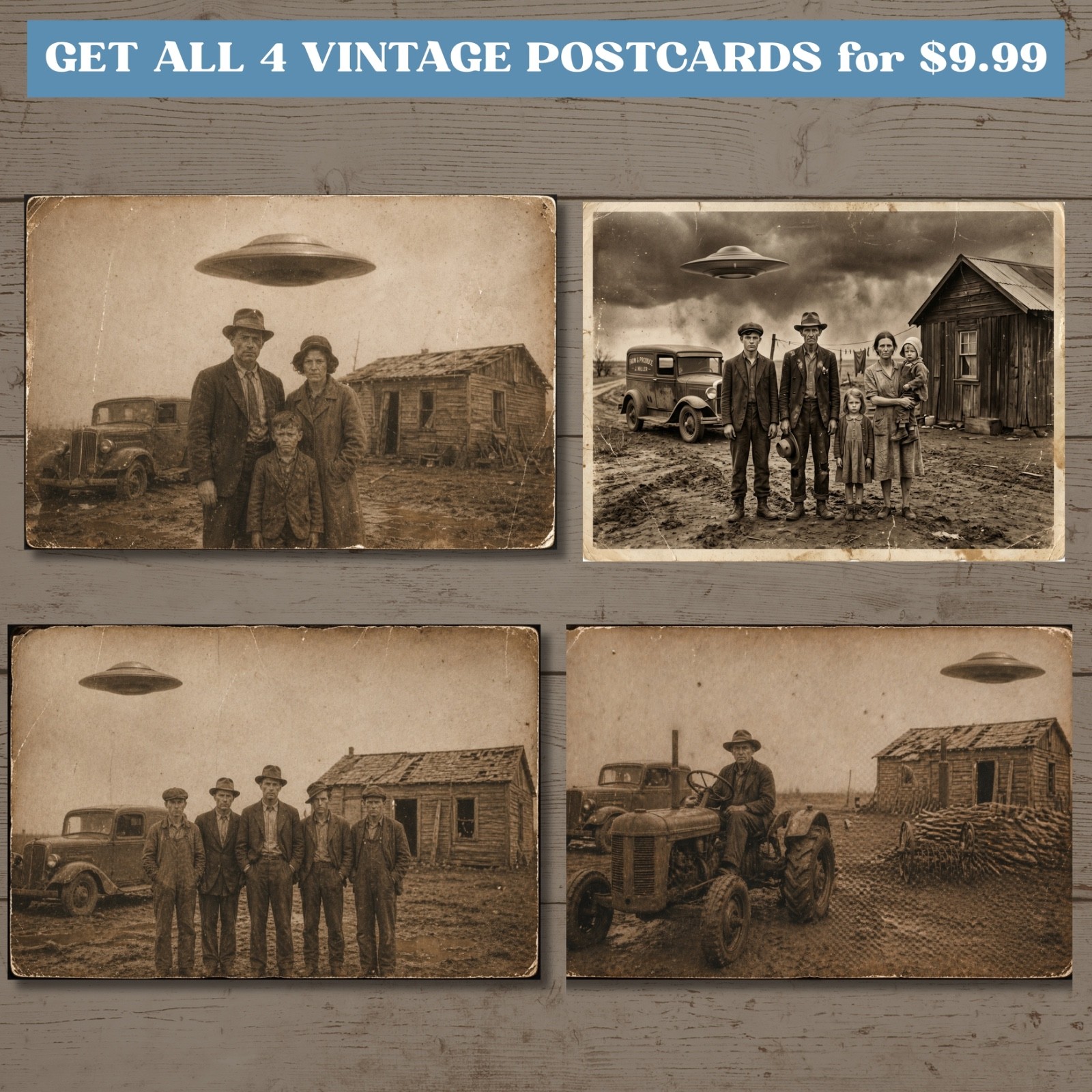 4-Pack POSTCARD Alien UFO Flying Saucer Rural Family Paranormal Strange Humor