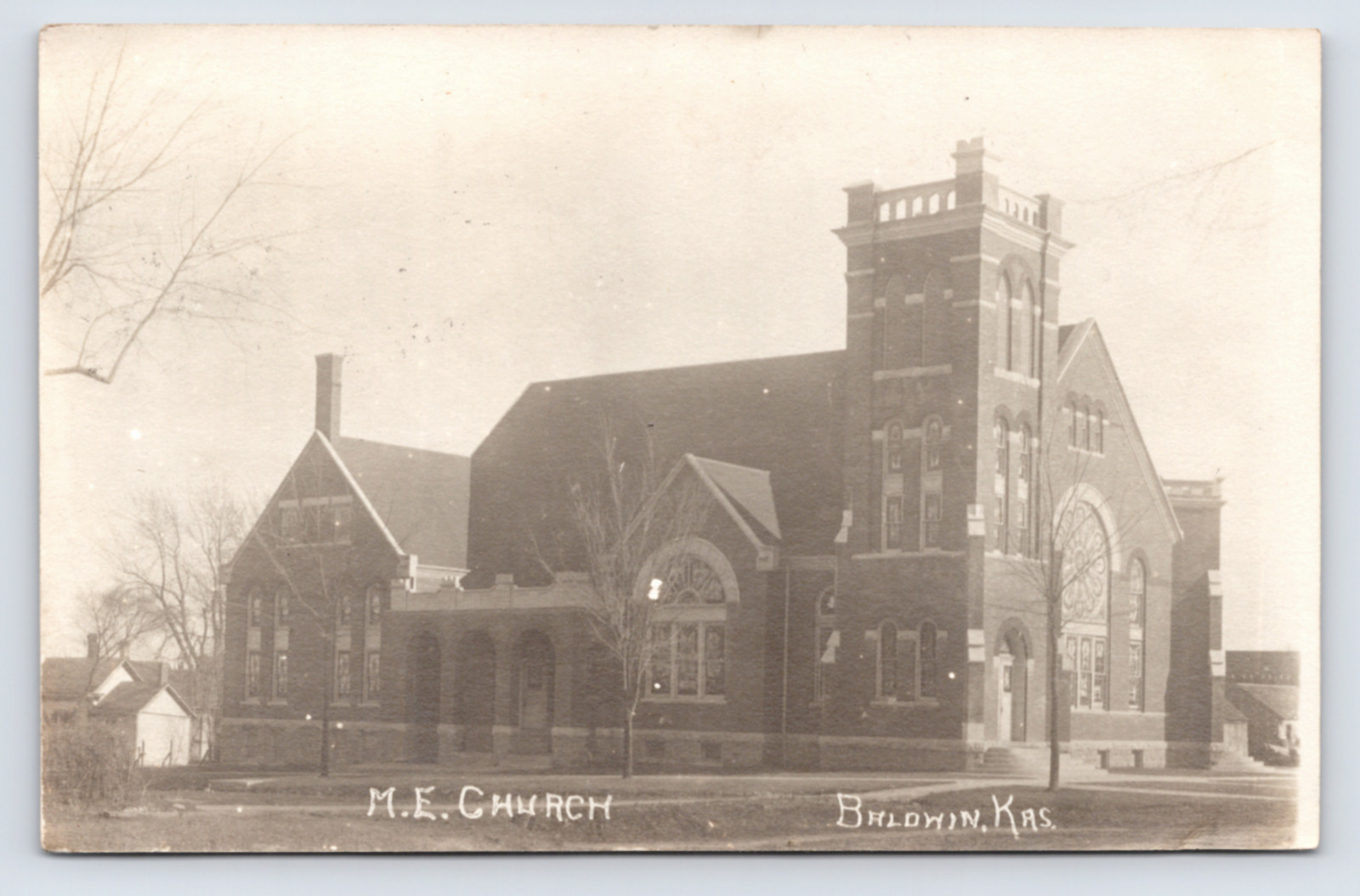 1913 Methodist Episcopal Church RPPC Baldwin City KS Brick Gothic Revival