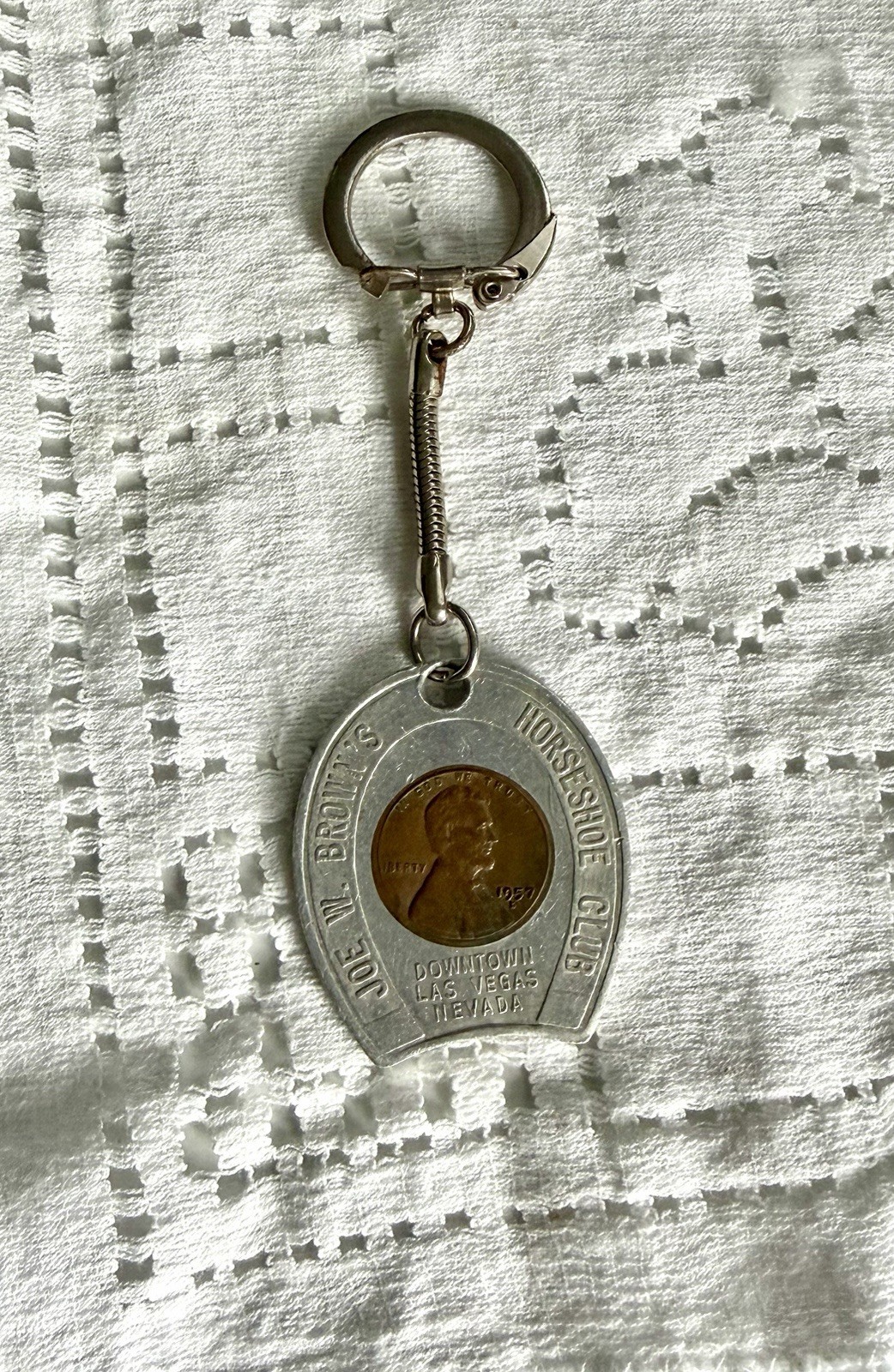 Vintage 1957 Joe W. Brown Horseshoe Club Las Vegas Encased Lucky Penny Keychain Vintage 1957 Joe W. Brown Horseshoe Club Las Vegas Encased Lucky Penny Keychain