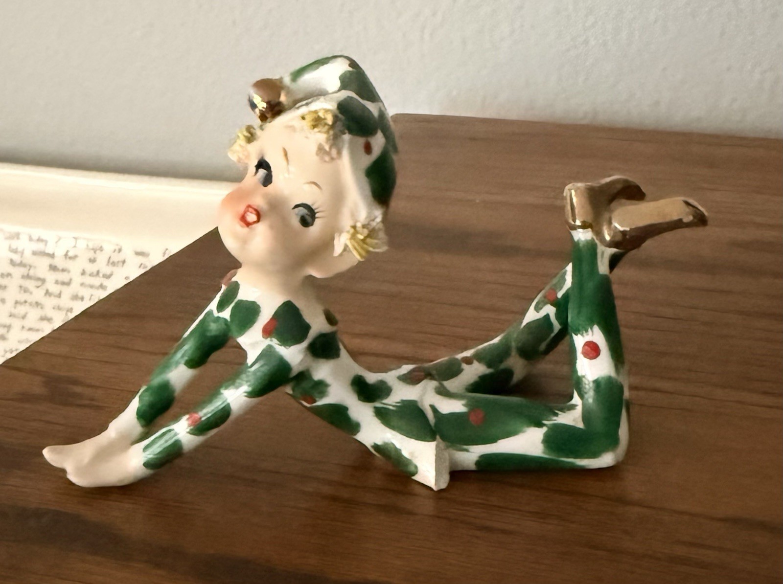 Vintage Lefton Japan Holly Elf Pixie #303 Ceramic Figurine Spaghetti Hair READ