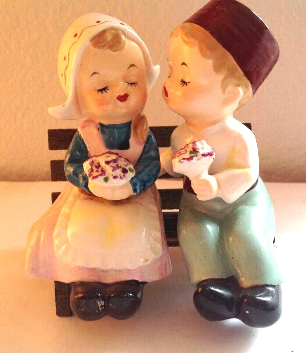 Vintage Dutch Courting Boy Girl on Green Bench Salt & Pepper Shakers \