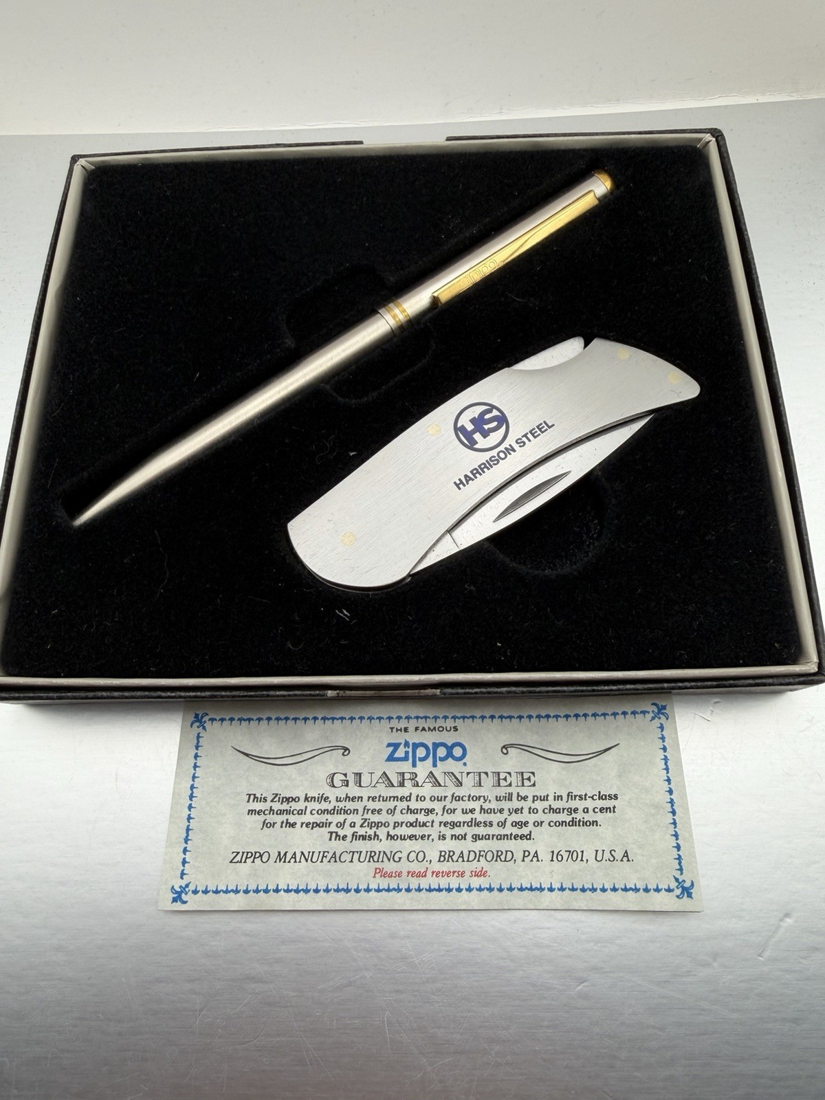 Vintage Harrison Steel Advertising Zippo Pen And Pocket Knife Set New