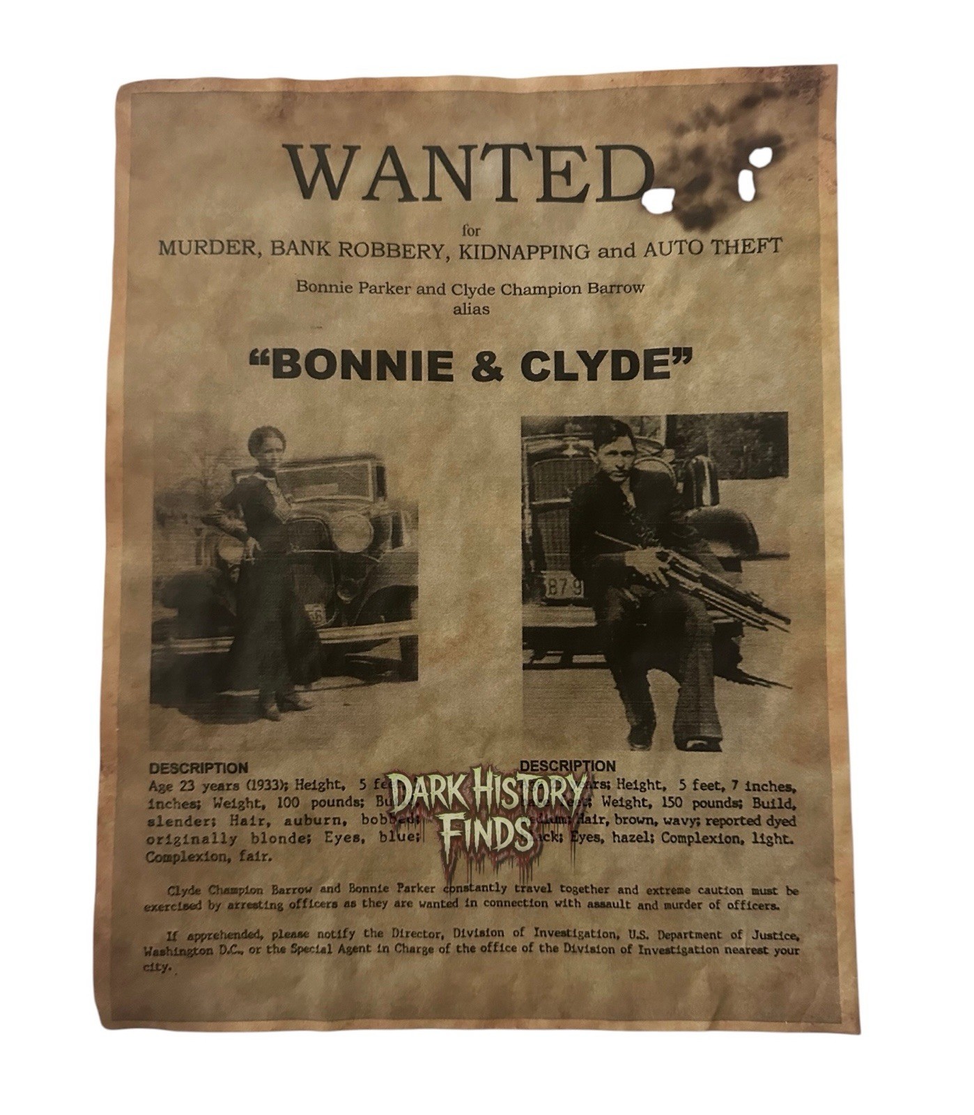 Bonnie and Clyde Vintage Wanted Poster Murder Bank Robbery Kidnapping