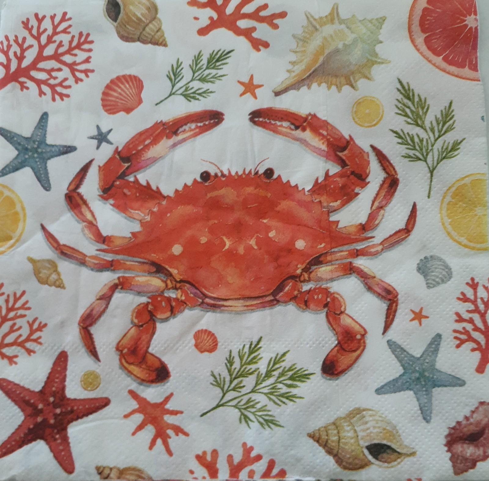 2 individual Paper Decoupage NAPKINS - SEALIFE CRAB OCEAN SEAGRASS SHELLS