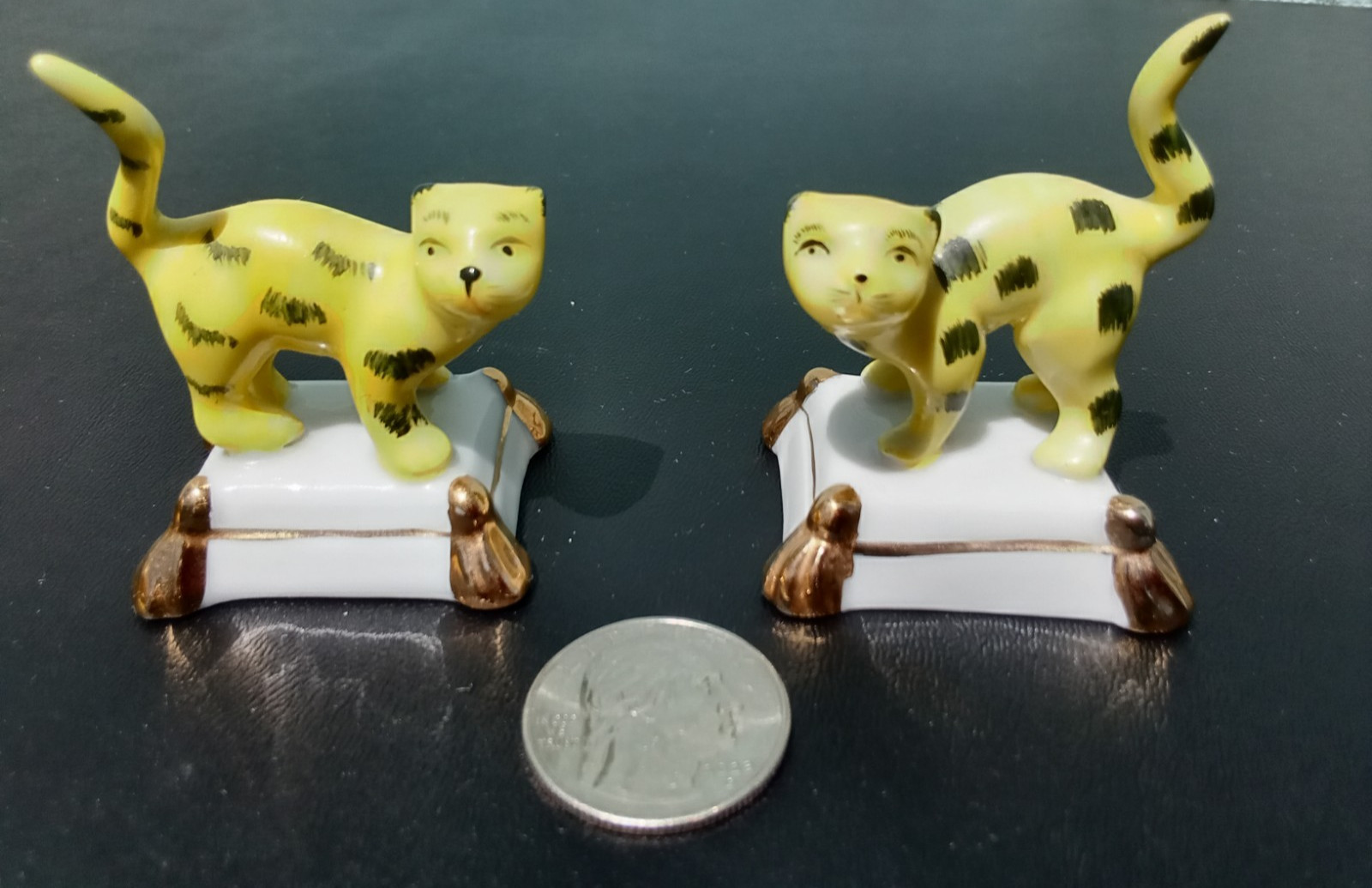 Pair Antique Vintage Chelsea Samson Staffordshire Miniature Cats on Pillow Stand