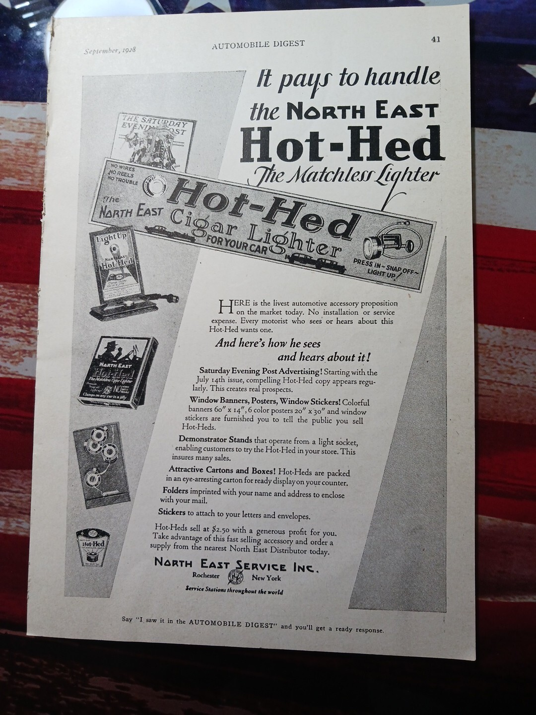 1928 Print Ad North East HOT HED Cigar Lighter For Your Car Rochester New York 