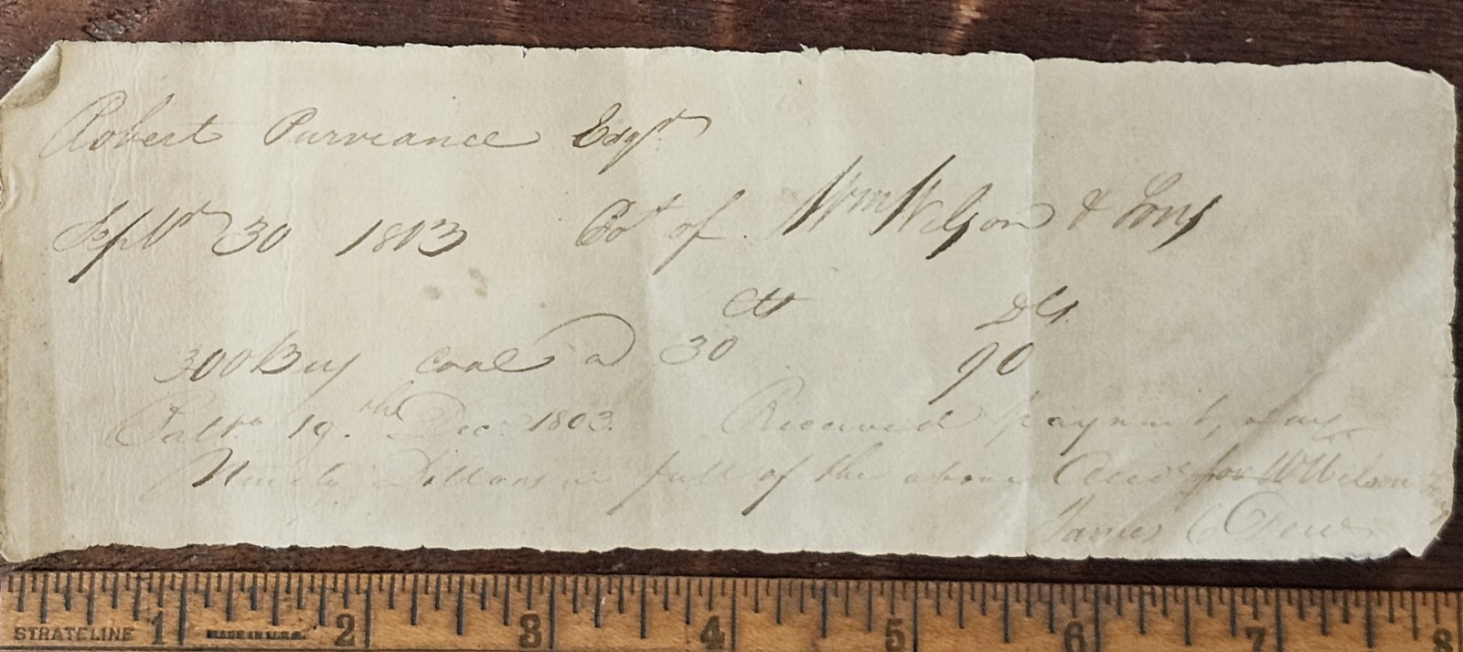 1803 Baltimore MD Coal Receipt Robert Purviance Wm Wilson & Sons Manuscript