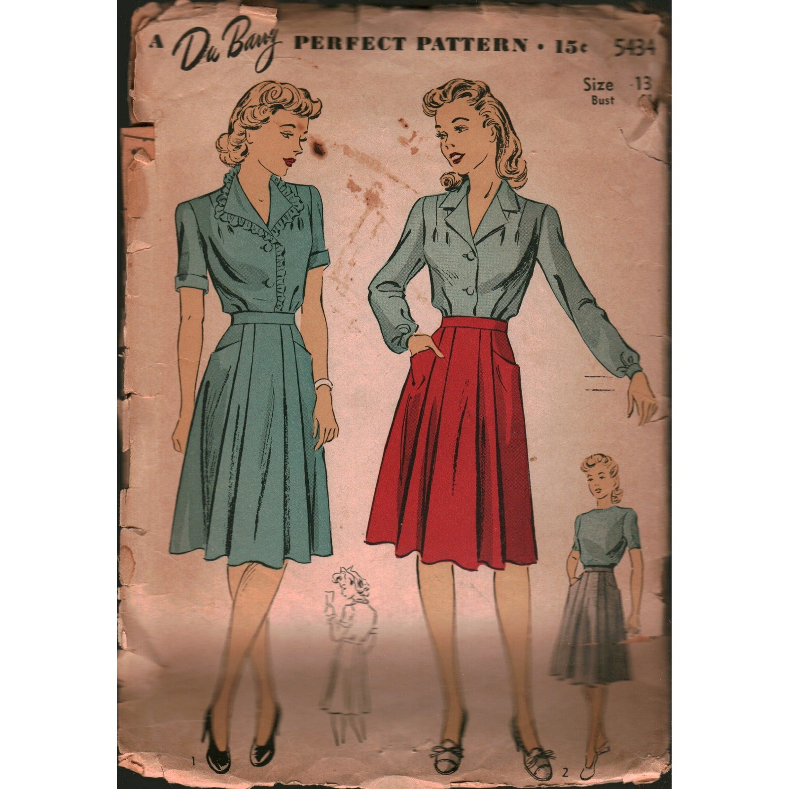 Vintage Du Barry 5434 Sewing Pattern 1940s Blouse and Skirt Set Size 13 Bust 31