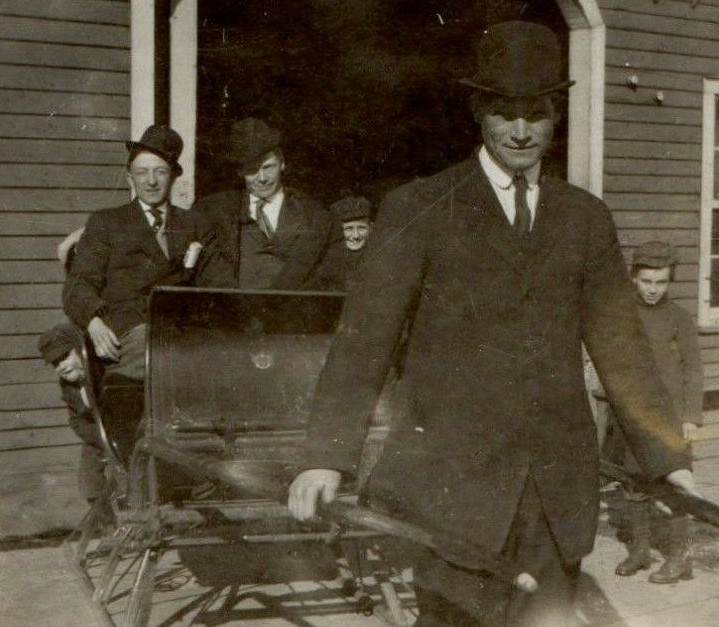 Men Boys Snow Sled Sleigh rickshaw Top hats Suits Tie B&W RPPC Vintage Builders
