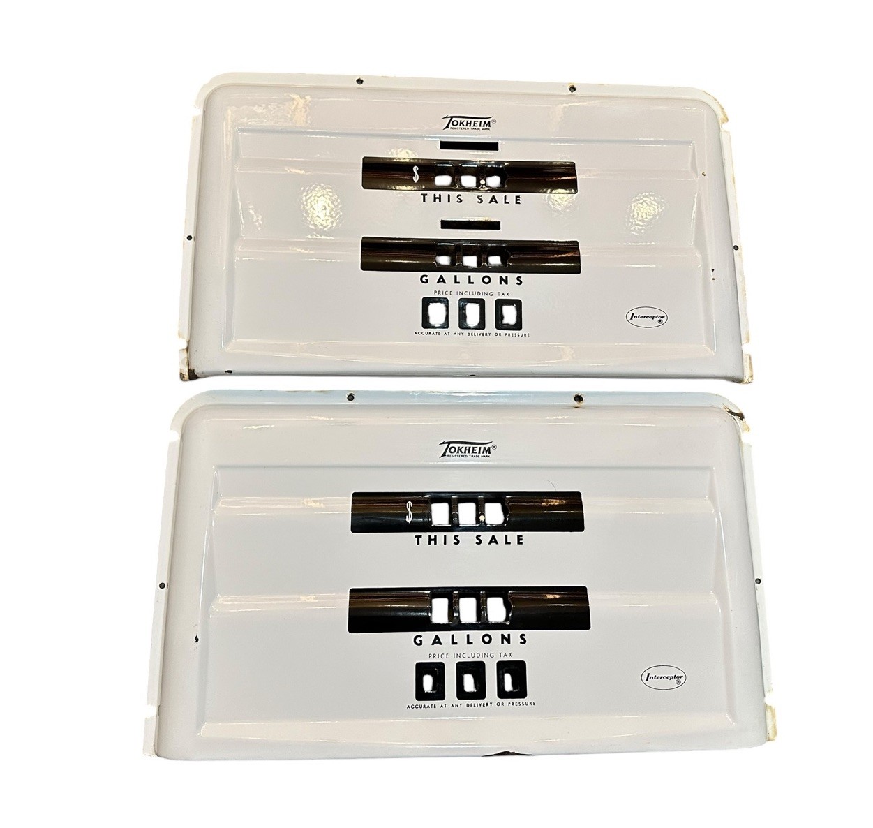 Vintage Original Tokheim Interceptor Porcelain & Steel Gas Pump Face Plate Pair